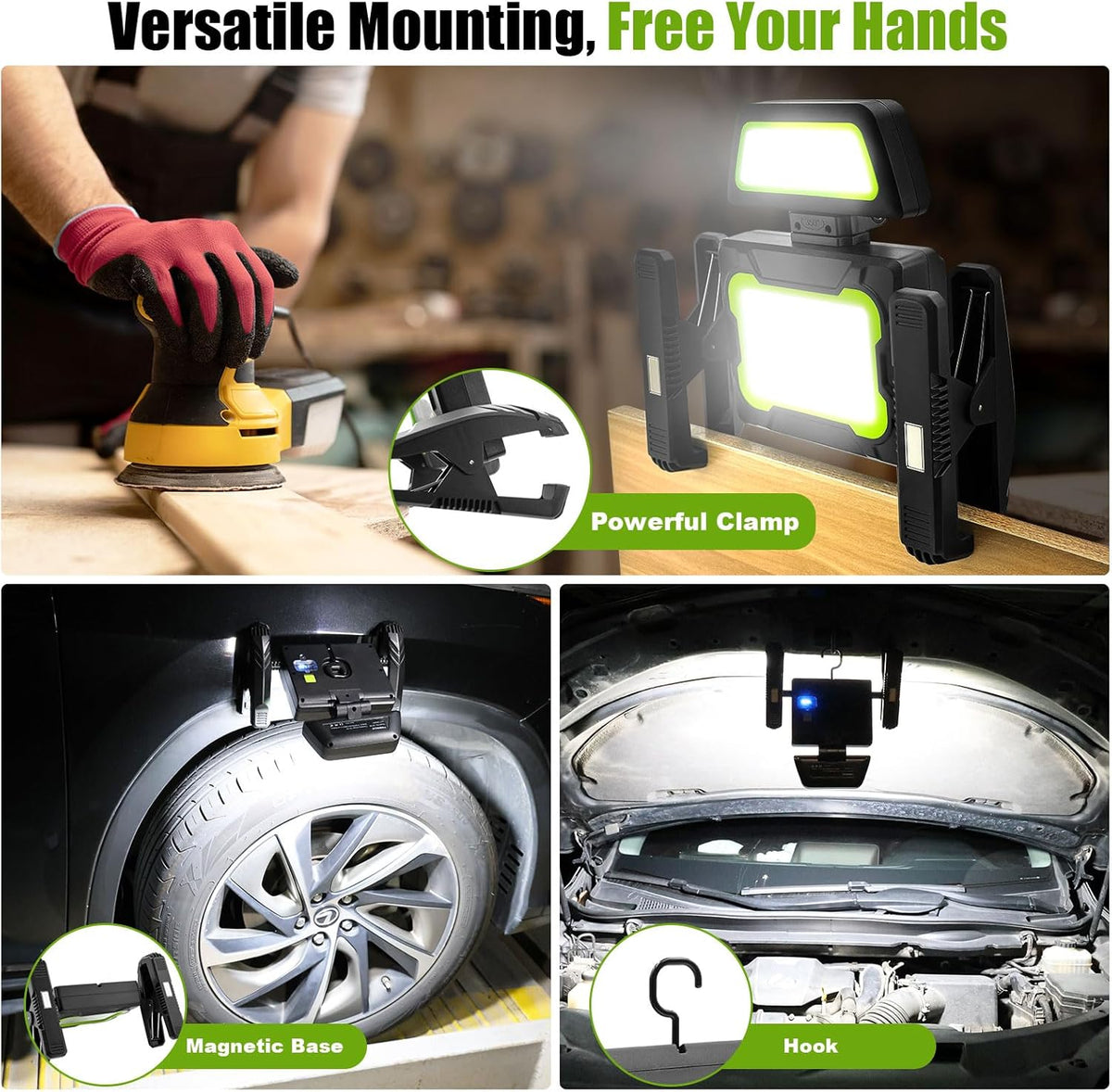 Rechargeable Work Light with Clamp, 3000 Lumen Magnetic Work Light Battery Powered with 5 Light Modes, 350° Rotation, Portable Job Site Lighting for Construction Site, Workshop, Car Repairing