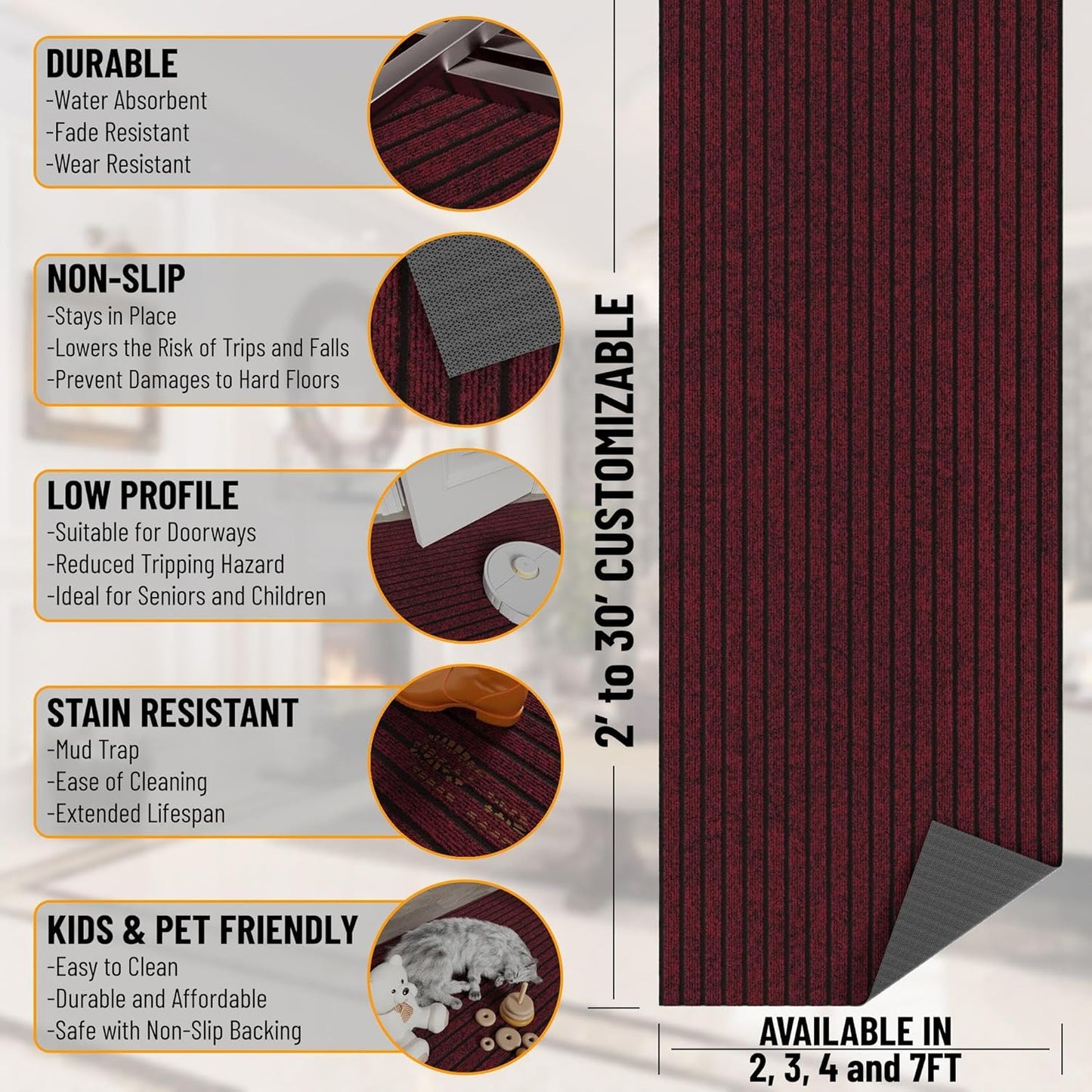Ottomanson 2' x 7' Hallway Runner with Scraper Pile - Extra Durable Non-Slip Rug Mat for Indoor & Outdoor Use - Ideal for Kitchen, Entryway, Patio & Garage - High-Traffic Carpet, Red
