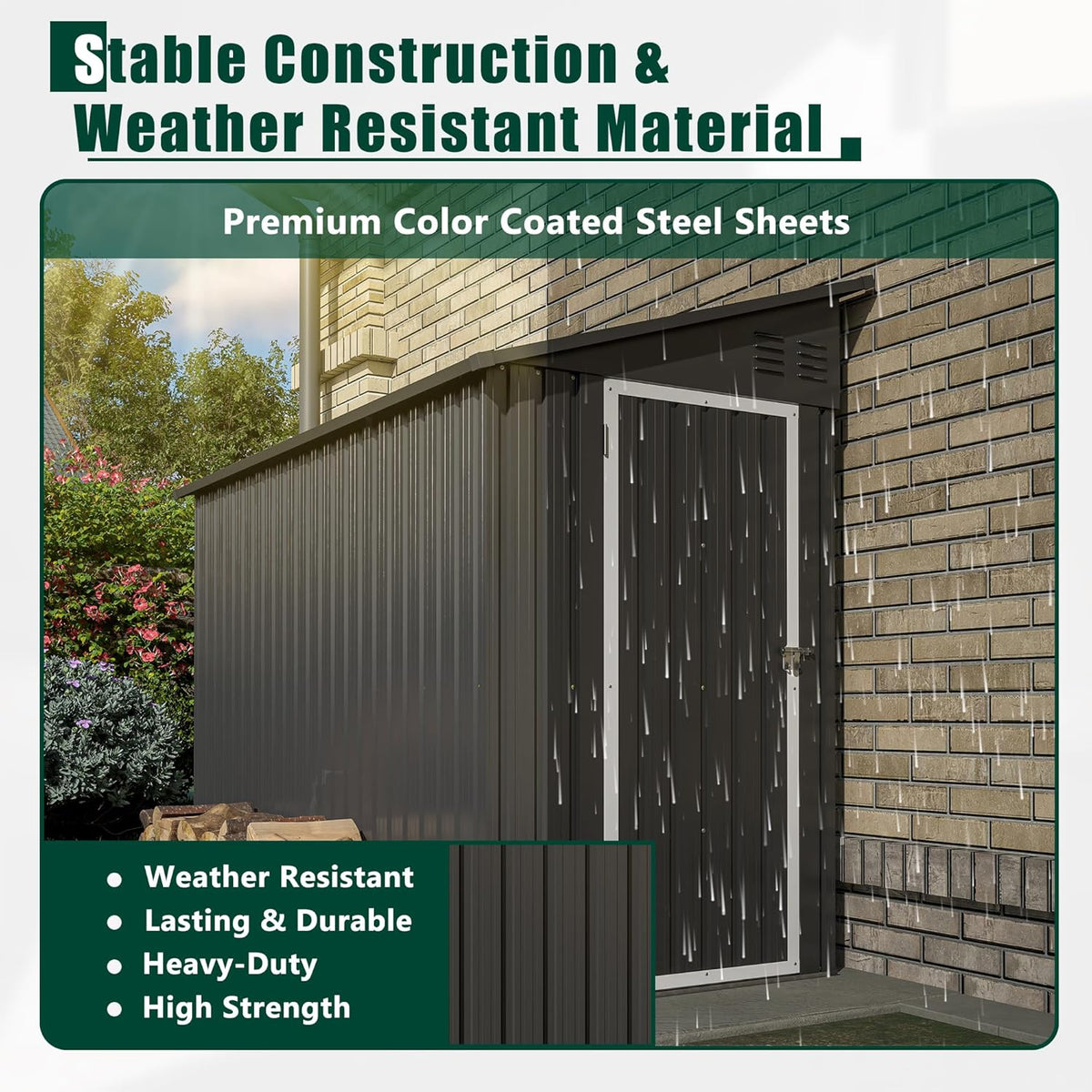 4x8 FT Outdoor Storage Shed,Lean to Metal Shed W/Floor Included,Garden Storage Shed W/Lockable Door,All Weather Waterproof Tool House W/ 2 Air Vents,for Backyard,Patio,Lawn,Garden,Black