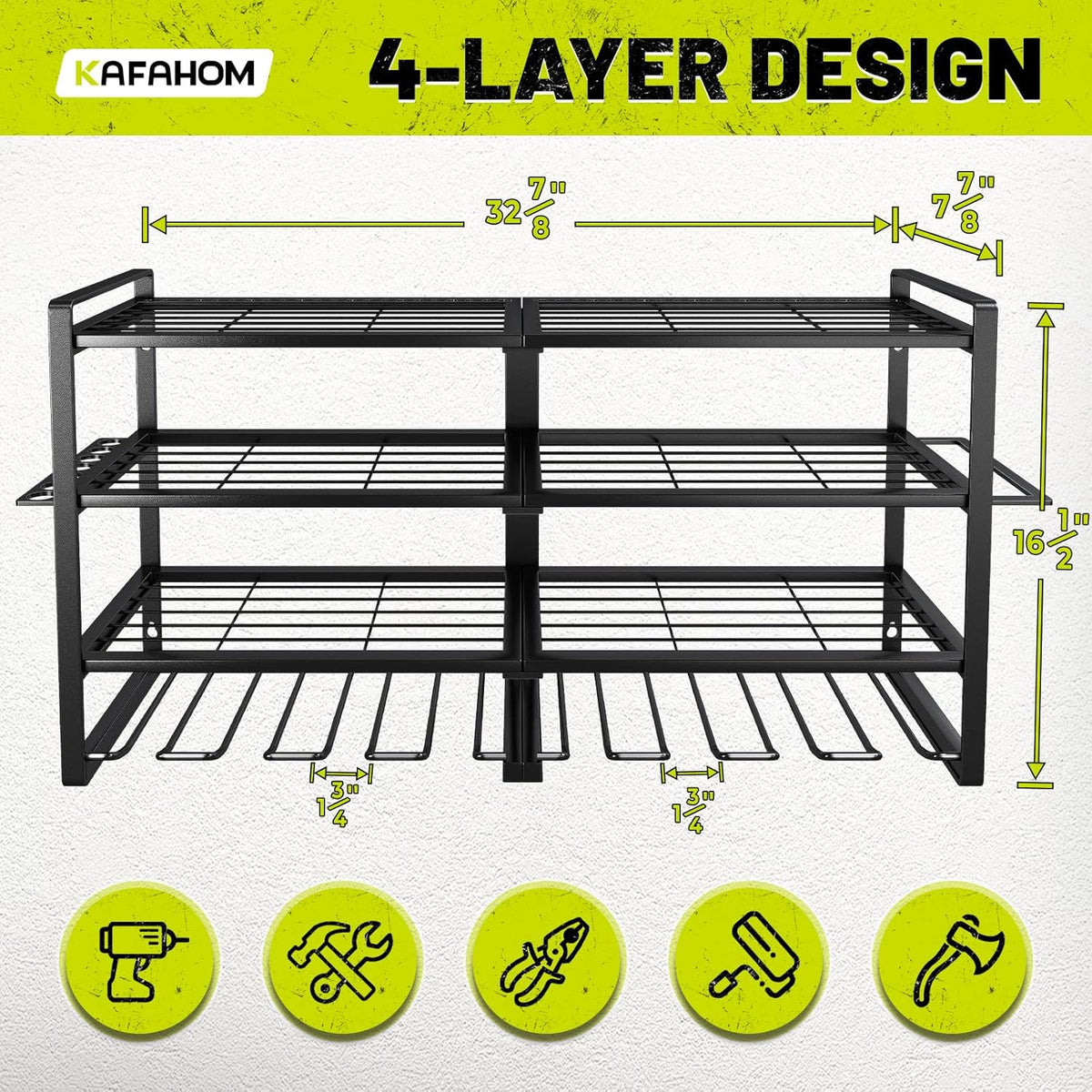 KAFAHOM Power Tool Organizer-8 Drill Holder Wall Mount,4 Layer Heavy Duty Metal Power Tool Storage Rack,Garage Tool Organizer and Storage with Screwdriver Holder/Plier Holder/Hammer Holder