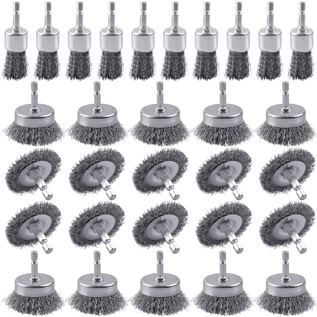 30 Pack Carbon Steel Wire Wheel Brush, Rocaris Cup Brush, Wheel Brush, Pen Brush Set with 1/4-Inch Hex Shank for Rust Removal, Corrosion and Scrub Surfaces