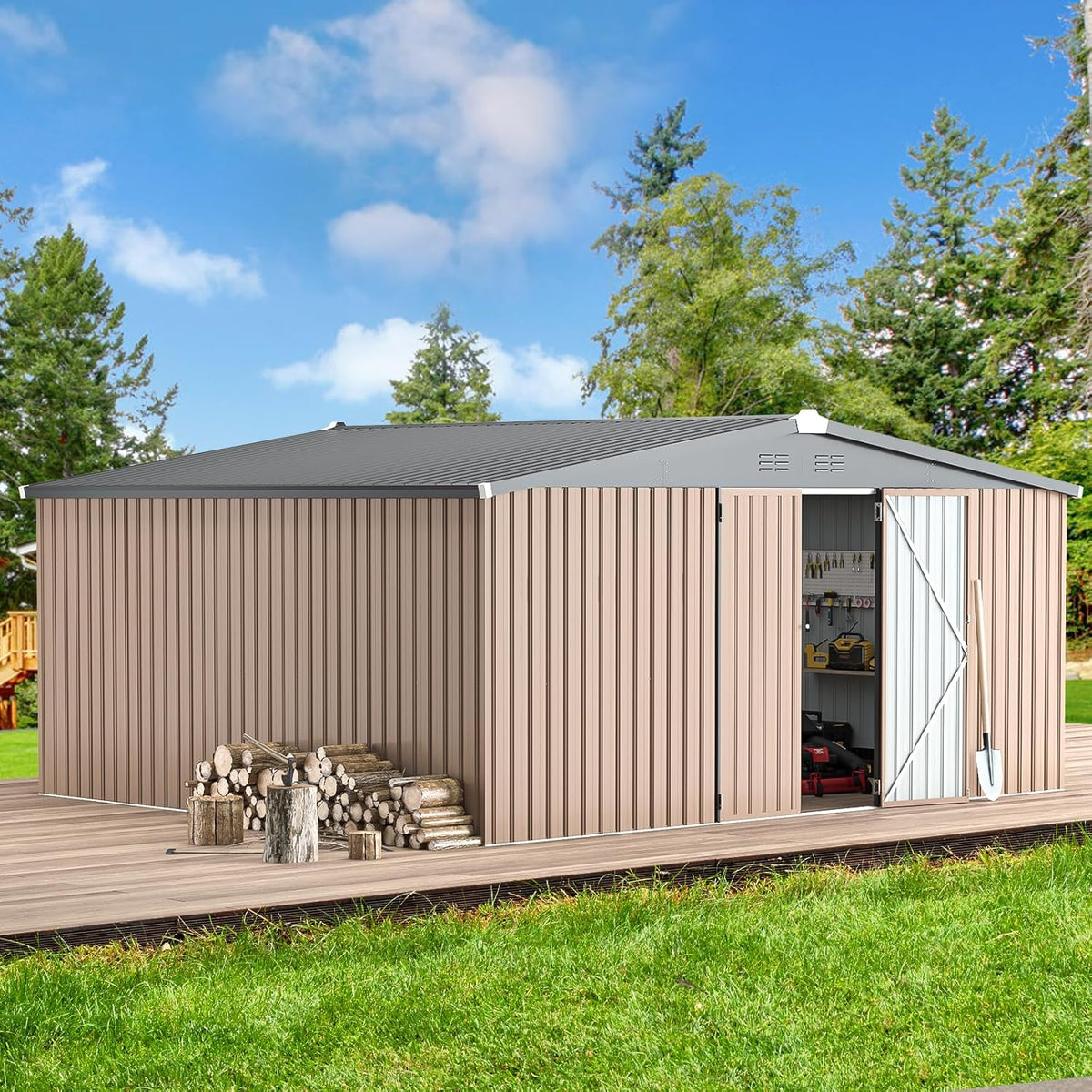 AECOJOY 14' x 12' Shed Outdoor Metal Storage, Large Storage Sheds & Outdoor Storage Clearance 14' x 12', Large Steel Yard Shed, Tool Storage for Garden, Backyard, Patio, Outside use in Grey