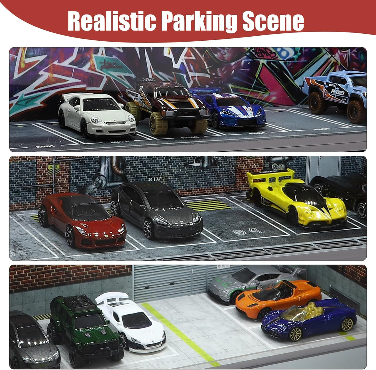 Display Case for Hot Wheels: Stackable Parking Garage for 1/64 Scale Matchbox Toy Car, FoamBoard Storage for Monster Trucks with LED Light and Acrylic Cover, Repair Store