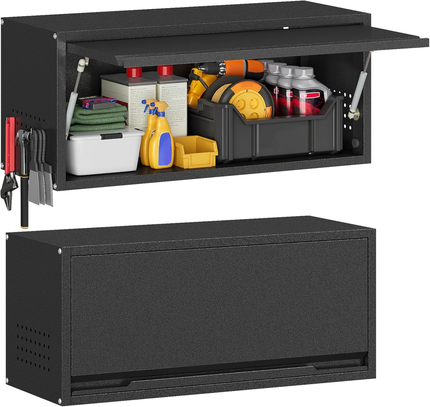 Metal Garage Wall Cabinet with Up-Flip Door,Wall-Mounted Steel Storage Cabinet, Float Tool Cabinet with Pegboard,Upper Cabinet for Kitchen,Garage,Workshop,Warehouse(13.8" H,Black)