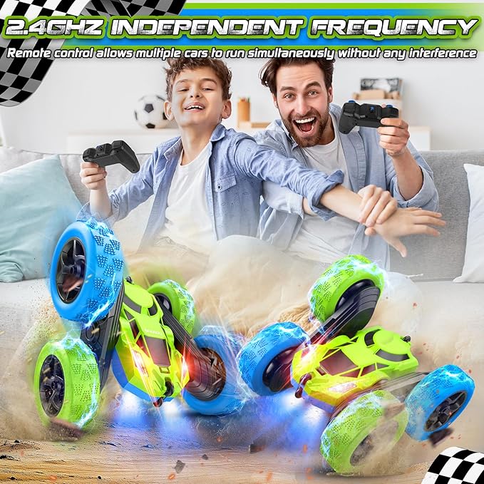 cosone Remote Control Car Toys for Boys - 4WD 2.4Ghz Double Sided 360° Rotating All Terrain RC Cars with Cool Lights, Kids Birthday for Boys-Blue&Green
