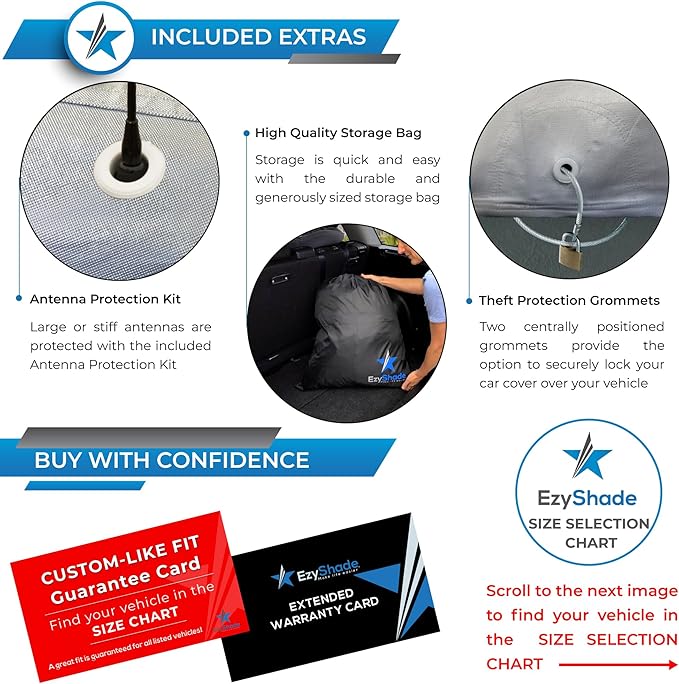 EzyShade 10-Layer Waterproof Sports Car Cover. See Vehicle Size-Chart for Accurate Fit. All Weather Full Outdoor Covers. Corvette Mustang Porsche Classic Cars. Sun Snow Rain. Size C3 (See SizeChart)