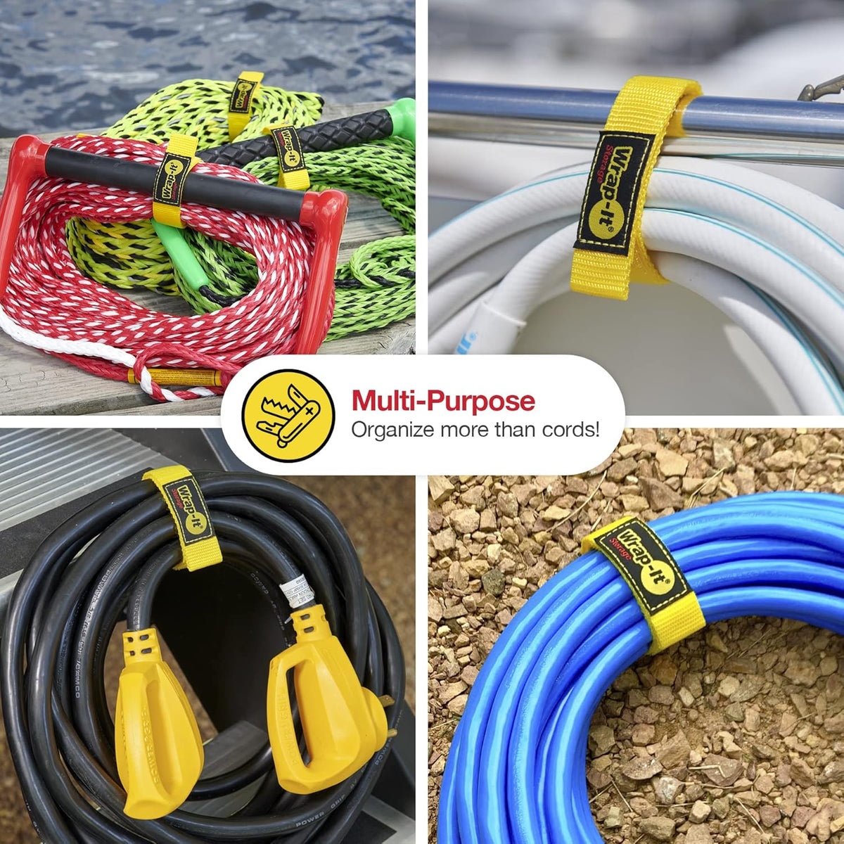 Quick-Straps by Wrap-It Storage - 12" (12 Pack) Yellow - Extension Cord Holder for RV and Boat Organizing
