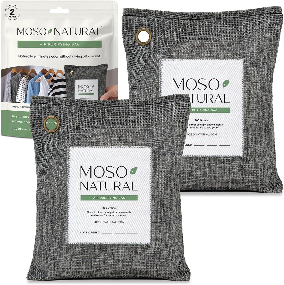 Moso Natural Air Purifying Bag 200g (2 Pack) Bamboo Charcoal Odor Absorber for Home & Car | Closet Odor Eliminator, Small Room Deodorizer & Car Air Freshener | Long Lasting Charcoal Bags Cover 90sqft