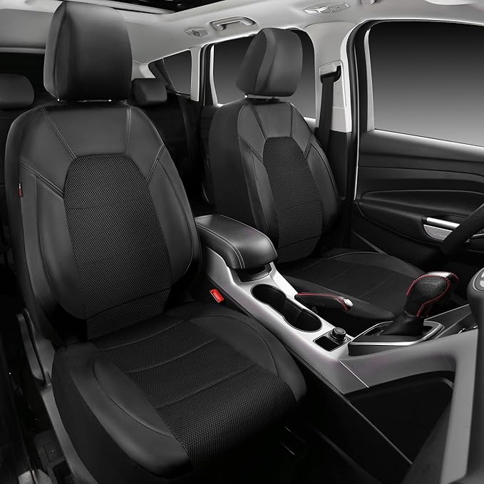 CAR PASS Leather Two Front Car Seat Cover; 4Pcs Waterproof Car Floor Mats & Steering Wheel Cover,Universal Fit Airbag Compatible Automotive Interior Covers (Combo Set, Black)