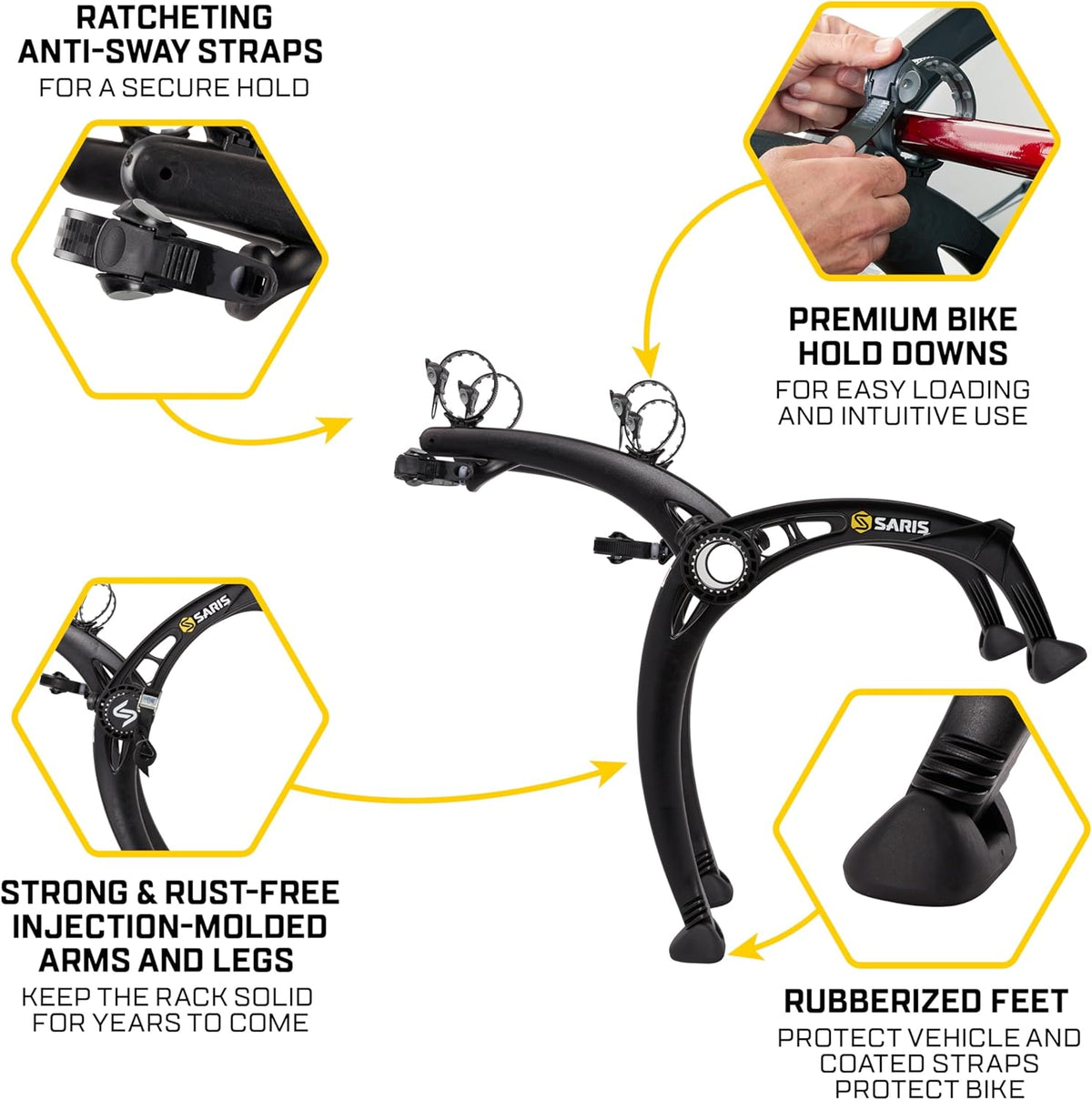Saris Bones EX 2-Bike Trunk Rack Bicycle Carrier, Durable, Rust-Free, Anti-Sway Straps, Made in USA, Arc-Based Design, 100% Recyclable Materials