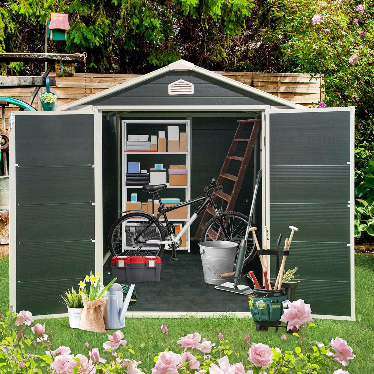6x8 FT Outdoor Storage Resin Shed with Floor,Waterproof Plastic Garden Bike Shed with Lockable Door, Sloped Roof, Vents & Windows, Easy Assembly Tool Shed for Lawn, Backyard, Patio, Black