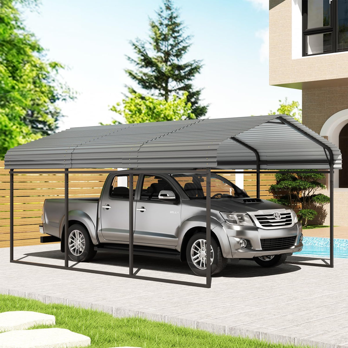 EBE 10 x 15 FT Outdoor Carport, Heavy Duty Metal Carports with Galvanized Steel Roof, Carport Canopy Garage Shelter Shade for Car, SUV, Truck, Boats and Tractors