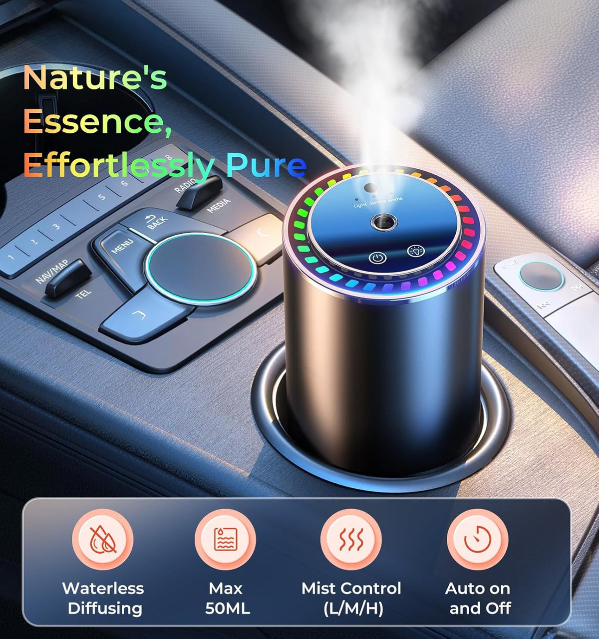 Smart Car Air Fresheners, New Smell Experience Car Freshener Essential Oil Diffuser, Adjustable Concentration, Auto On/Off, Built-in Battery, Each Bottle of Perfume Lasts 120 Days-Ocean