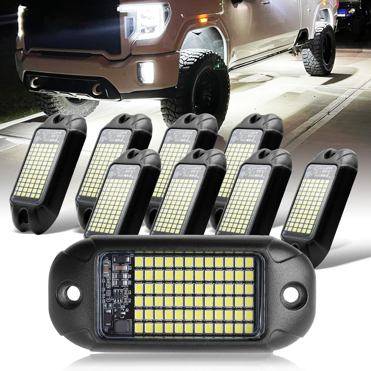 Nicoko 8 Pods 6000K pure White Rock lights Aluminum 9-30V Underglow Lights IP68 Waterproof Neon Trail Rig Lamp Lighting for SUV Car Truck Motorcycle Boat ATV UTV