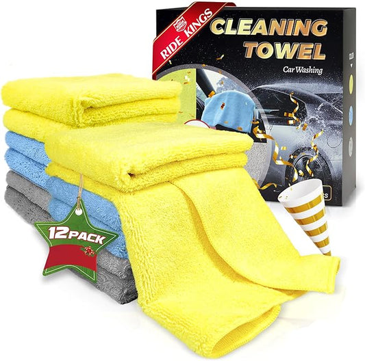 Microfiber Car DryingTowel, Exterior & Interior, Extra Soft,Reusable and Durable,Absorbent, Lint-Free,Interior Microfiber Rags 16in x 16in-12 Packs Grey+Blue+Yellow