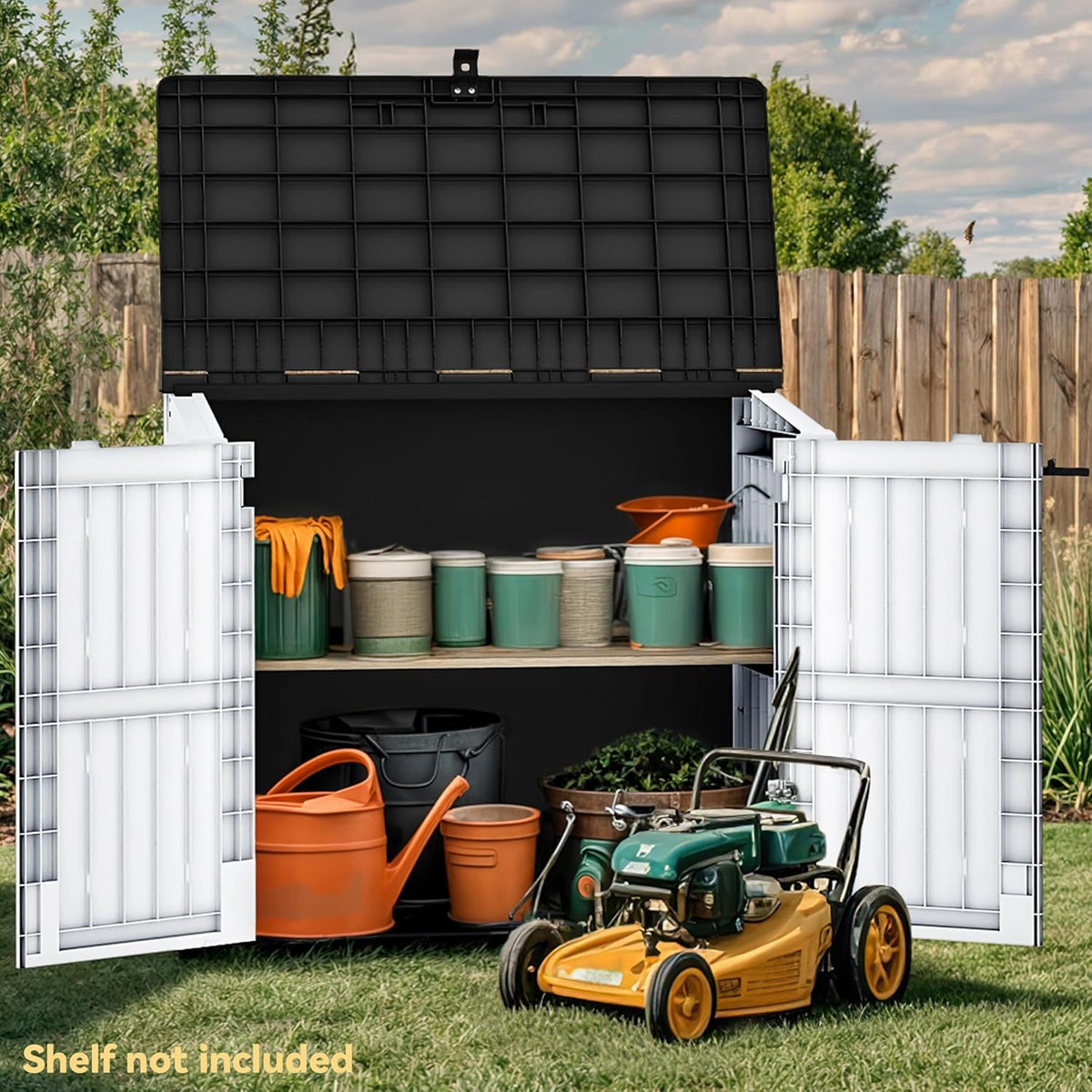 DWVO 36 cu ft Tool Storage Shed, Storage for Bakcyard, Patio, and Garden, Resin Plastic Shed with Sloped Lid, Lockable Door, and Wood Grain Finish, Light Gray