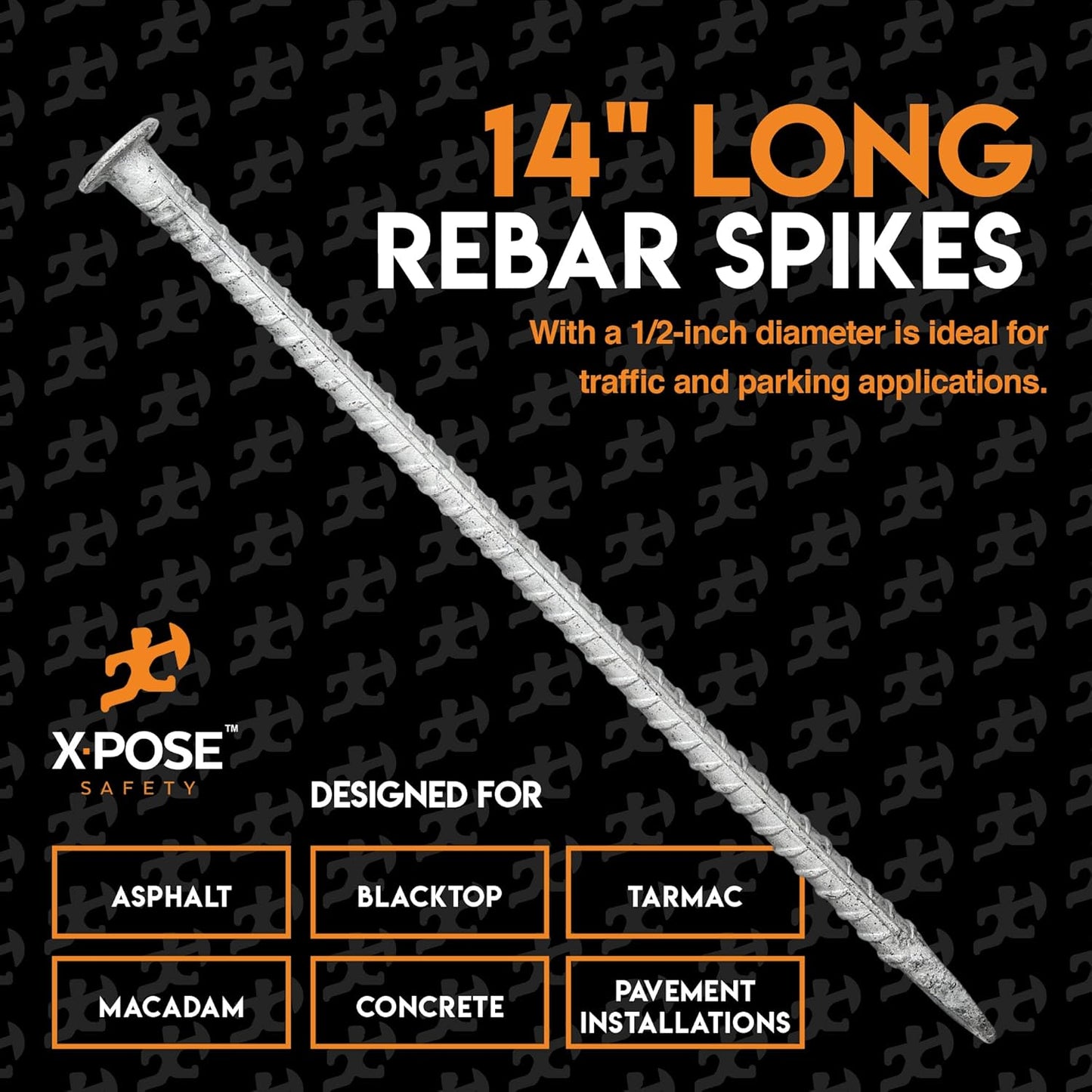 Heavy Duty Rebar Stakes 14" - 1/2" Diameter Threaded Galvanized Steel Spikes – 12 Pack Metal Ground Stakes for Speed Bumps & Wheel Stops – Support Estacas de Metal – Durable Asphalt Surface