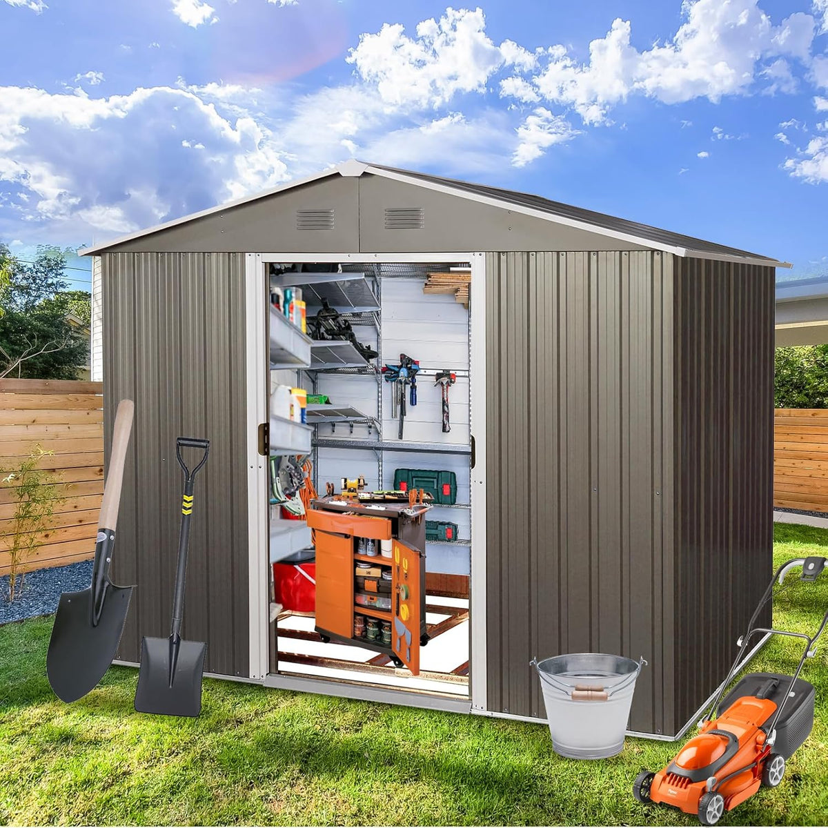 6x8 FT Outdoor Storage Shed, Metal Garden Shed with Frame Floor, Outside Tool Shed with Lockable Sliding Doors, Waterproof Storage Building with Sloped Roof for Backyard, Patio, Lawn, Gray