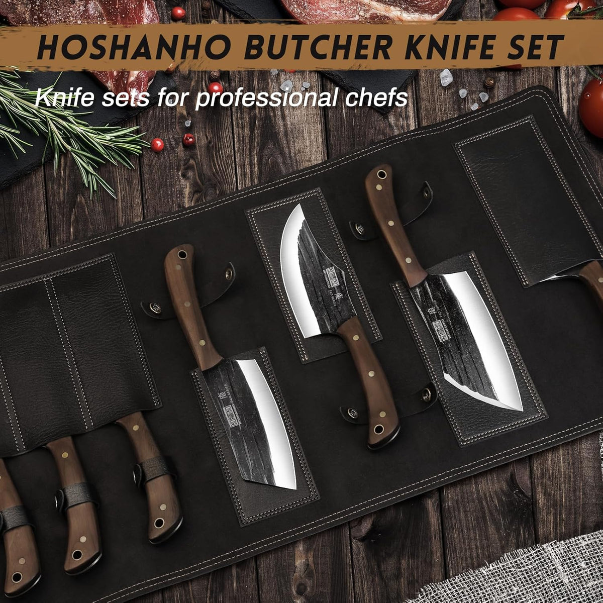 Butcher Knife Set, Hand Forged Butcher Chef Knife Set with Roll Bag, Sharp Meat Cleaver Knife & Bone Chopper Knives & Fillet Knives for Home & Camping & BBQ Gift for Men