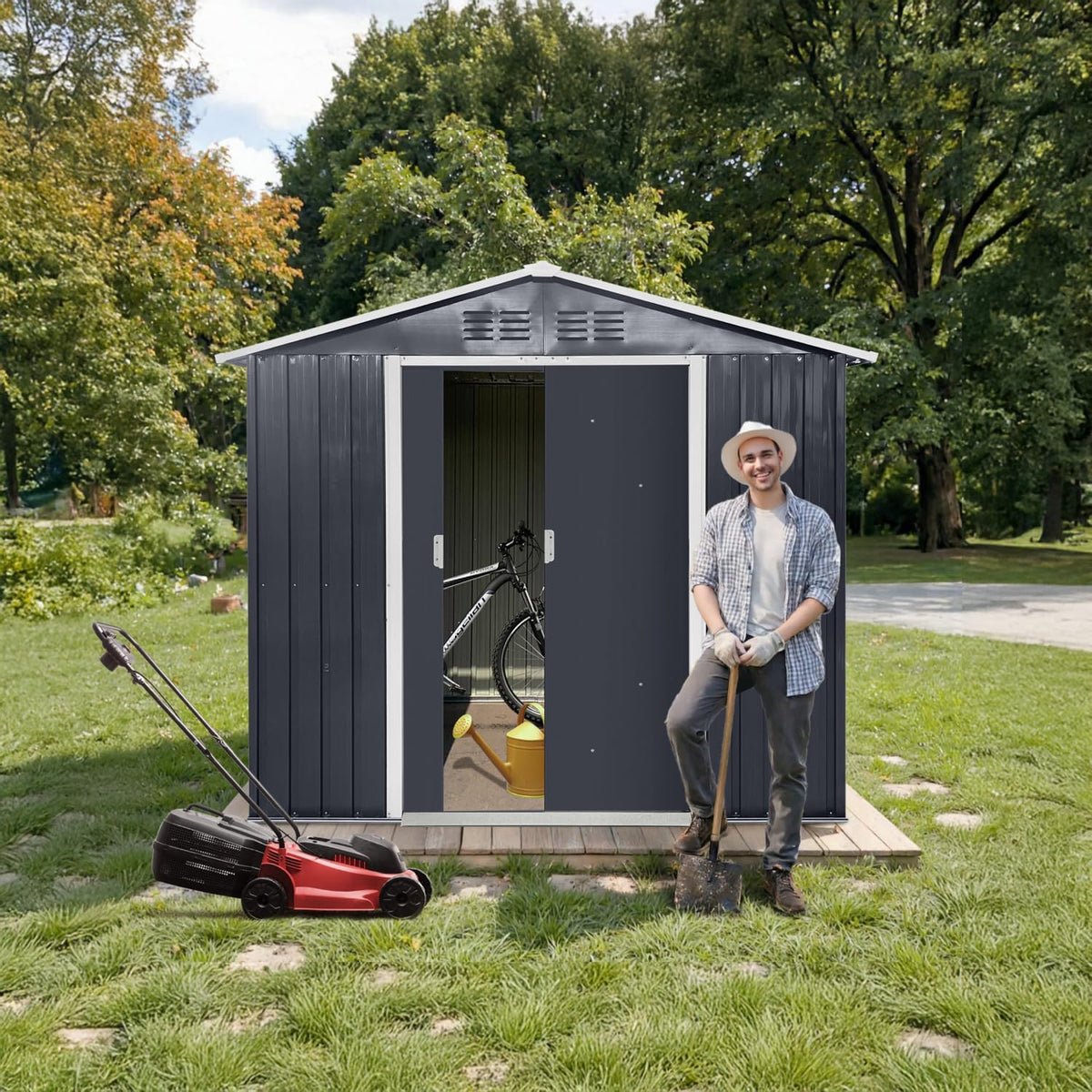 7x4.3 Ft Outdoor Storage Shed, Heavy-Duty Metal Shed with Windows & Secure Lockable Doors, Ideal Storage Shed for Outdoor, Patio, Garden, and Backyard, Anthracite