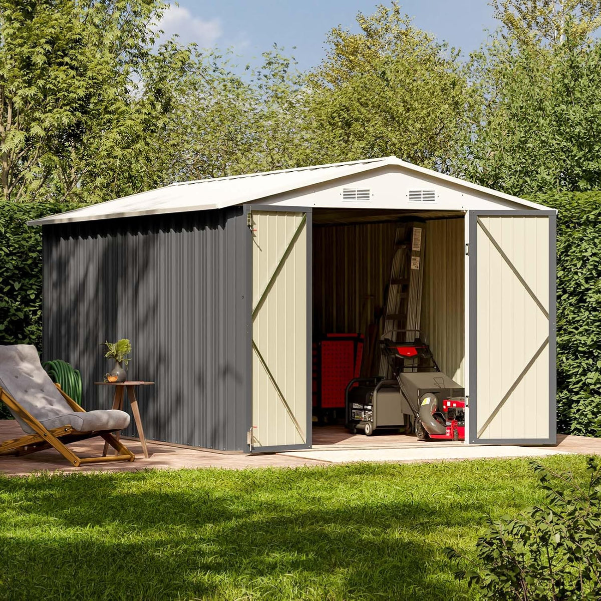 Patiowell 8 x 12 FT Metal Storage Shed for Outdoor, Steel Yard Shed with Design of Lockable Doors, Utility and Tool Storage for Garden, Backyard, Patio, Outside Use, Grey