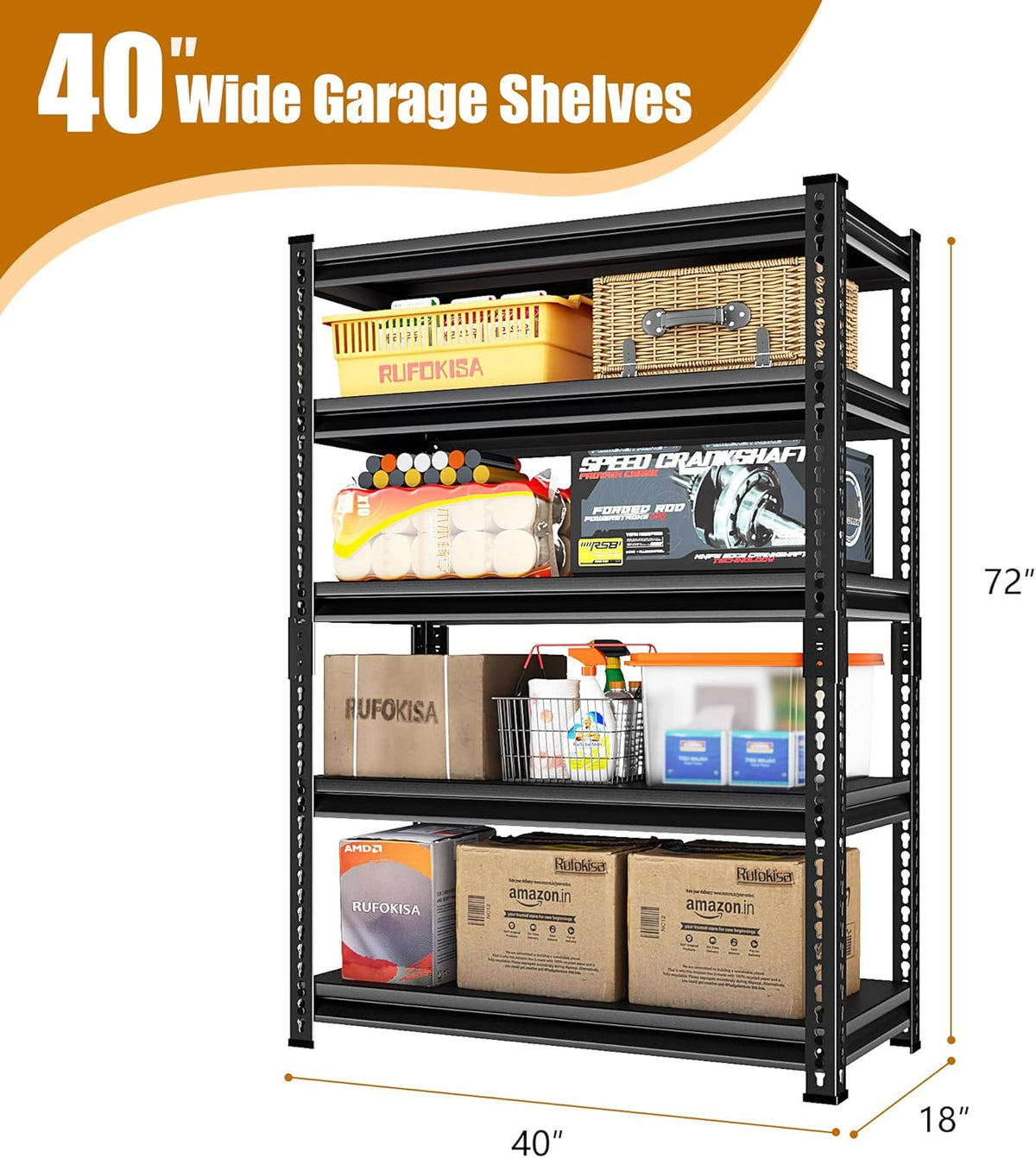 40" W Garage Shelving Heavy Duty，2000LBS Loads Adjustable Garage Storage Shelves, 5-Tier Metal Shelving Units and Storage Racks Heavy Duty, 40”W x 18”D x 72”H，Black
