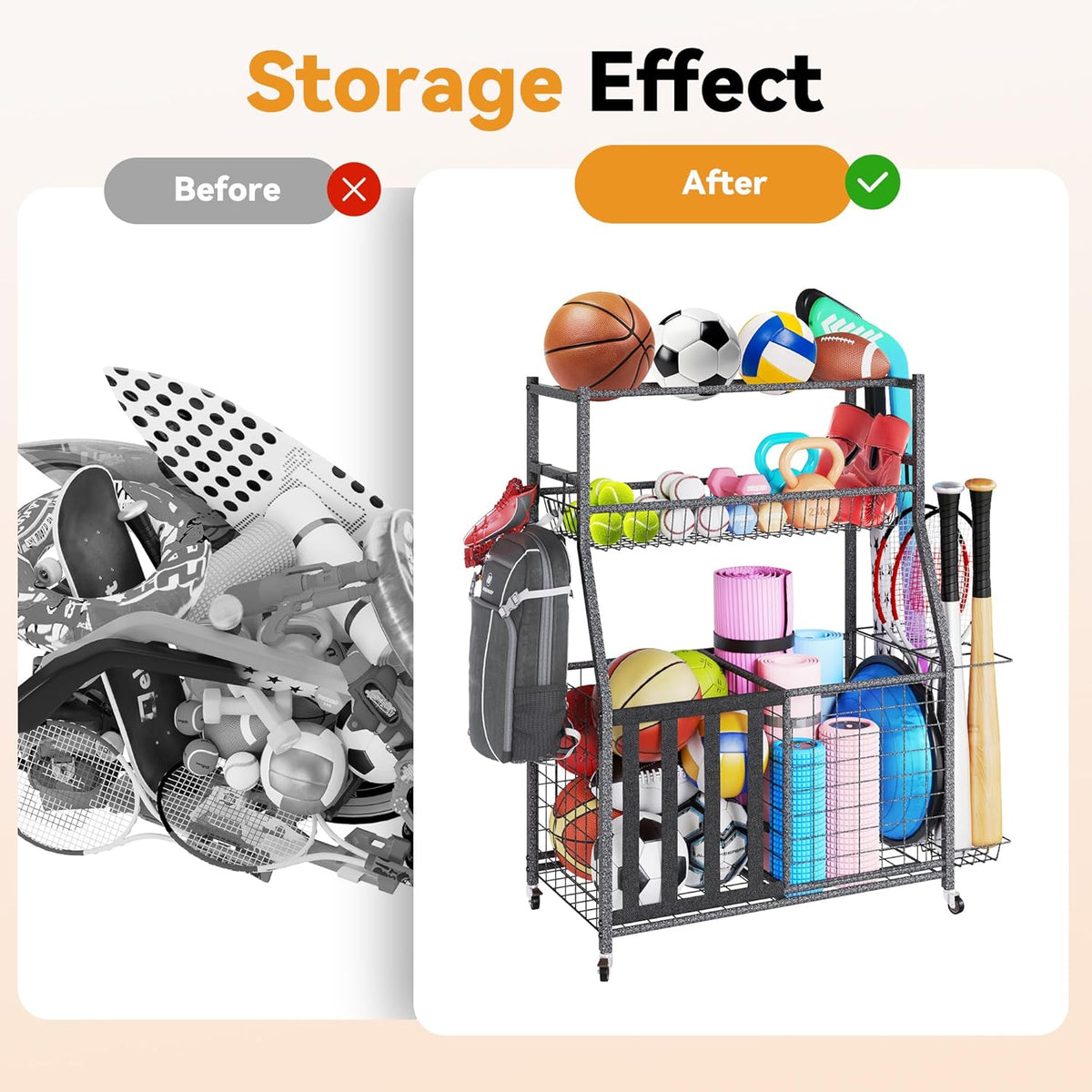 HOMREST Sports Equipment Storage, Ball Storage, Ball Holder, Garage Sports Organizer with Basket and Hooks, Rolling Sports Ball Storage with Wheels for Toy Sports Gear Storage, Black