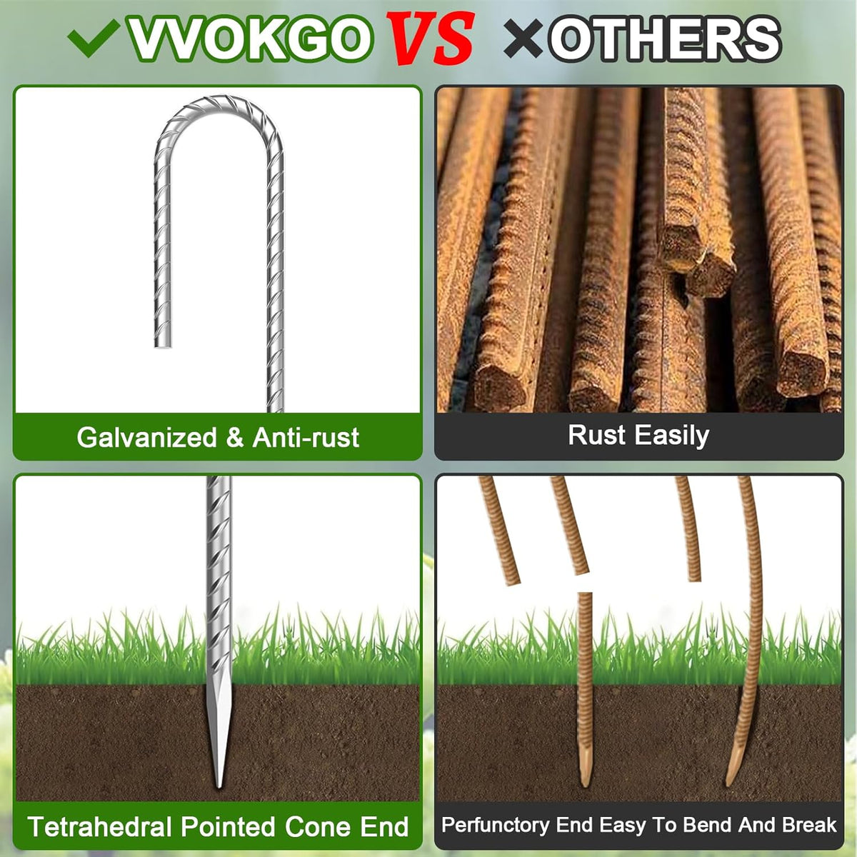 VVOKGO Rebar-Stakes-12-Inch J Hook Galvanized Tent Stakes Heavy Duty, 20-Pack Ground Chain Link Fence Anchors with Chisel Point End for Bounce House, Camping Tents, Outdoor Inflatables Decorations