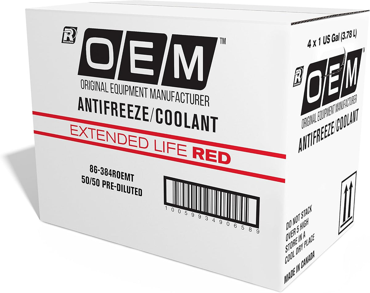 OEM Recochem Asian Vehicles Premium Antifreeze 50/50 Extended Life Coolant RED, 1 Gallon, 4 Pack
