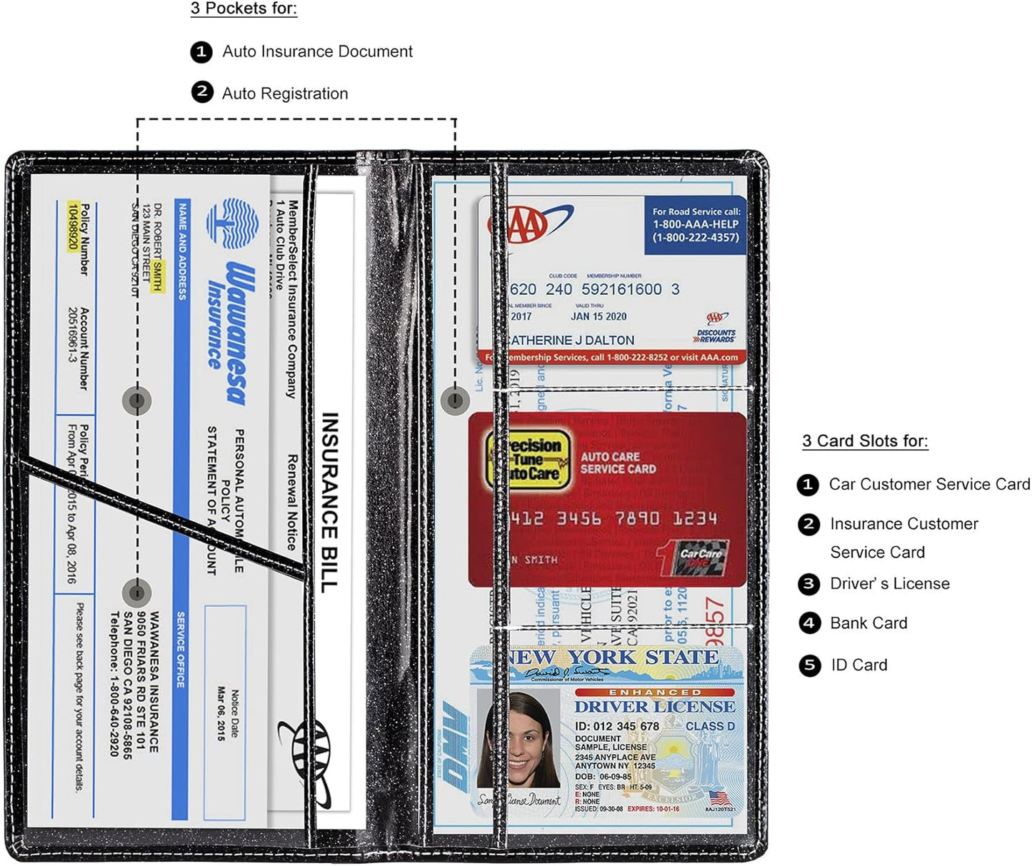 TOURSUIT Car Registration and Insurance Card Holder, Vehicle License Document Glove Box Compartment Organizer, Interior Car Accessories for Women Men Teens (Glitter Black)