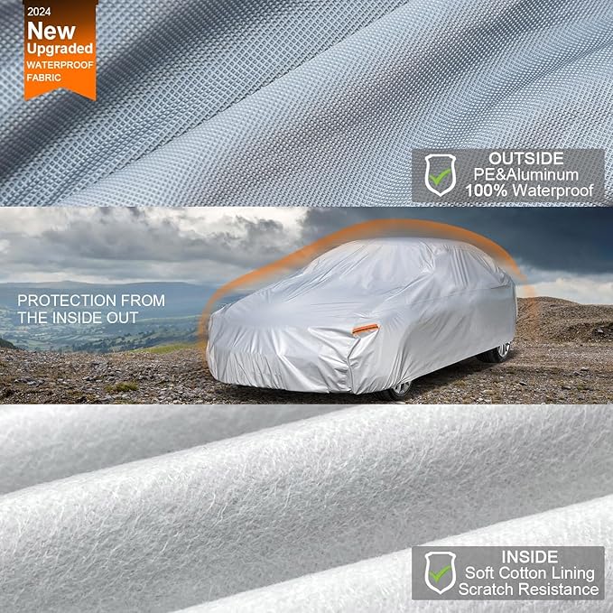 Kayme 6 Layers Car Cover Waterproof All Weather for Automobiles, Outdoor Full Cover Universal Fit for Dodge Challenger Hellcat Demon, Porsche Panamera Taycan, Rain UV Protection.(194-208 inch)