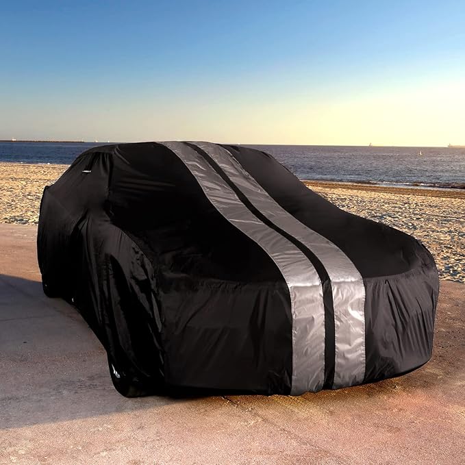 iCarCover Custom Car Cover for 1969-1973 Ford Mustang Waterproof All Weather Rain Snow UV Sun Protector Full Exterior Indoor Outdoor Car Cover (Stripe - Black/Gray)