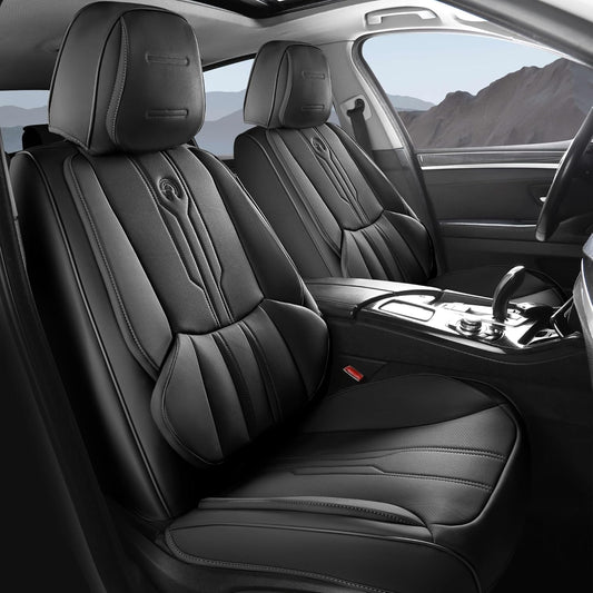 AOOG Car Seat Covers Full Set, Leather Seat Covers for Car, Waterproof Car Seat Protector with Lumbar Support, Automotive Seat Covers Universal Fit for Most Cars SUV Trucks (Full Set, Black)