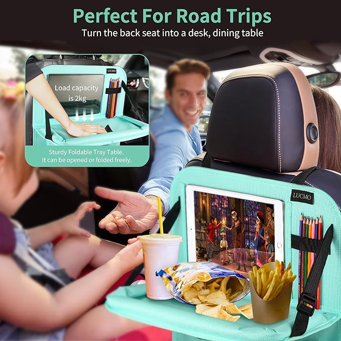LUCMO Car Backseat Organizer with Tablet Holder-2 Pcs,6 Storage Pockets Car Storage Organizer with Foldable Food Tray,Protectors Kick Mats Travel Accessories-Light Blue