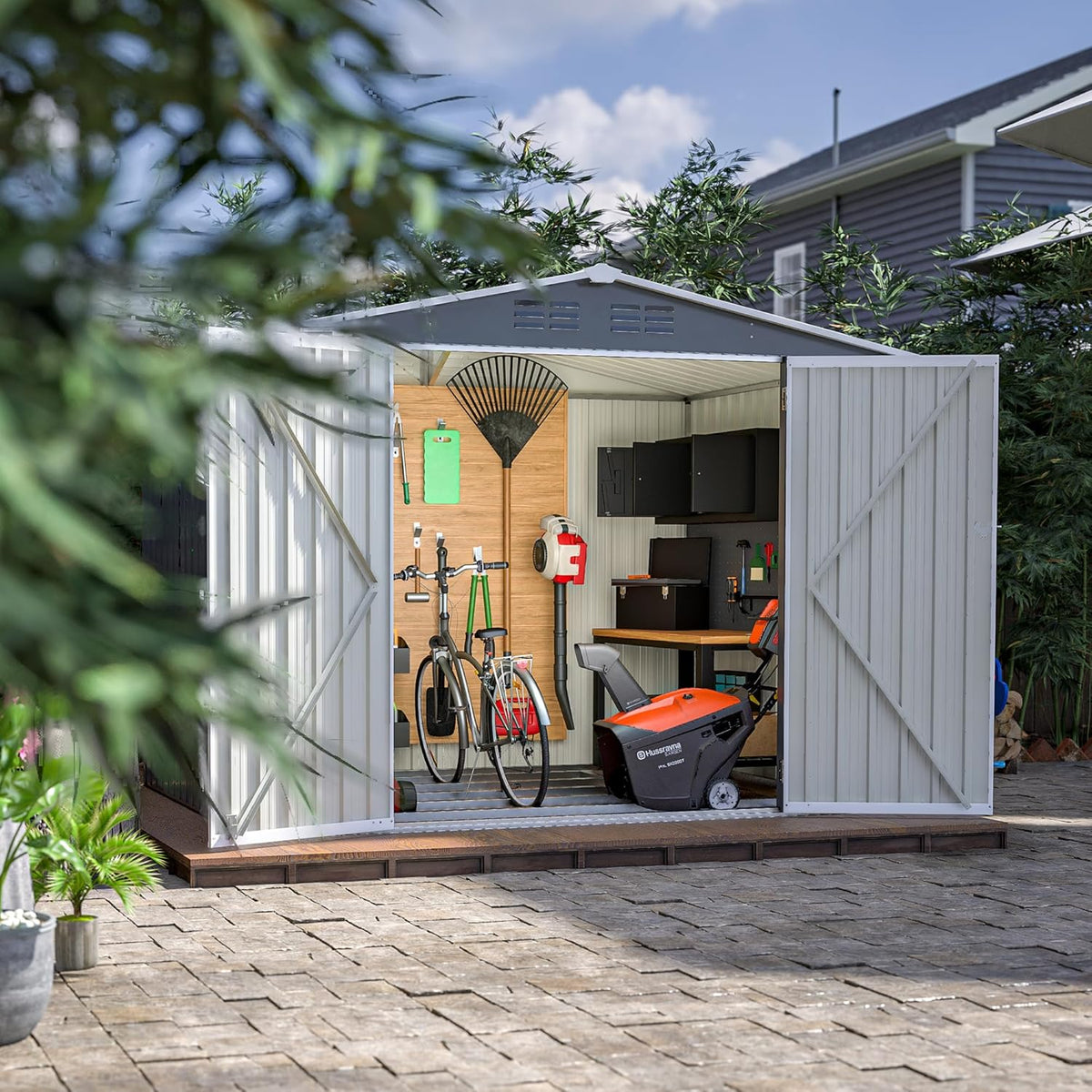 Outdoor Storage Shed,8X6 FT Metal Garden Shed with Lockable Doors & Slooping Roof,Updated Reinforced Door,Tool/Bike Sheds for Backyard, Patio, Poolside,Garage