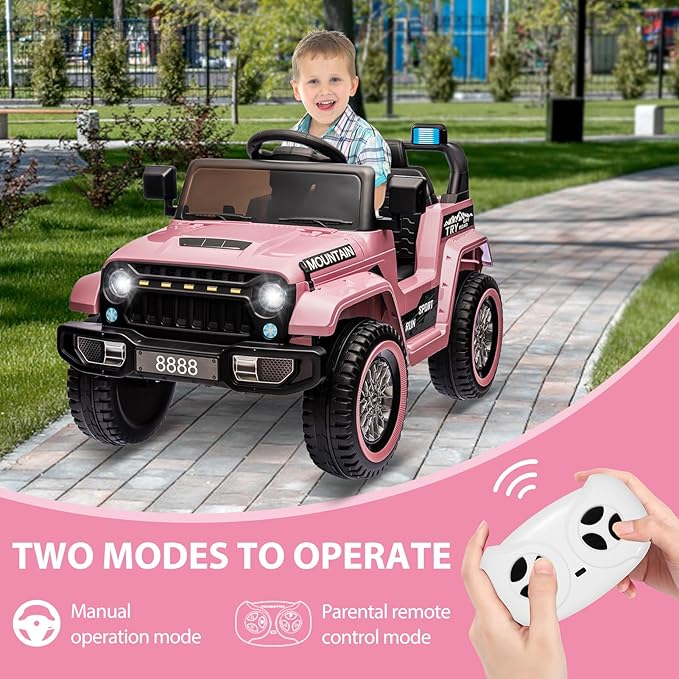 12V Kids Ride on Truck Car, 4 Wheeler Electric Vehicles with Remote Control, Spring Suspension, 3 Speeds, LED Lights, Music, MP3, Battery Powered Ride on Toy Gift for Boys Girls, Light Pink