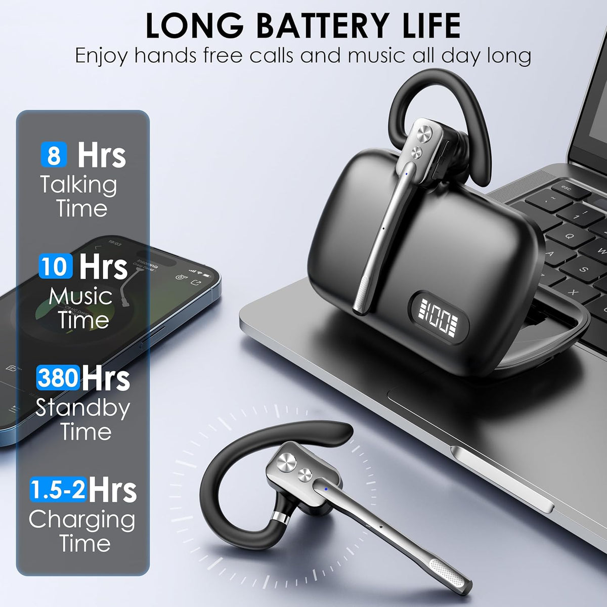 Bluetooth Headset, Wireless Bluetooth Earpiece with Dual-Mic & Noise Canceling, Single Ear Headset with Mute for Business, Remote Work, V5.3 Hand-Free headset for iOS Android Cell Phone (Gunmetal)