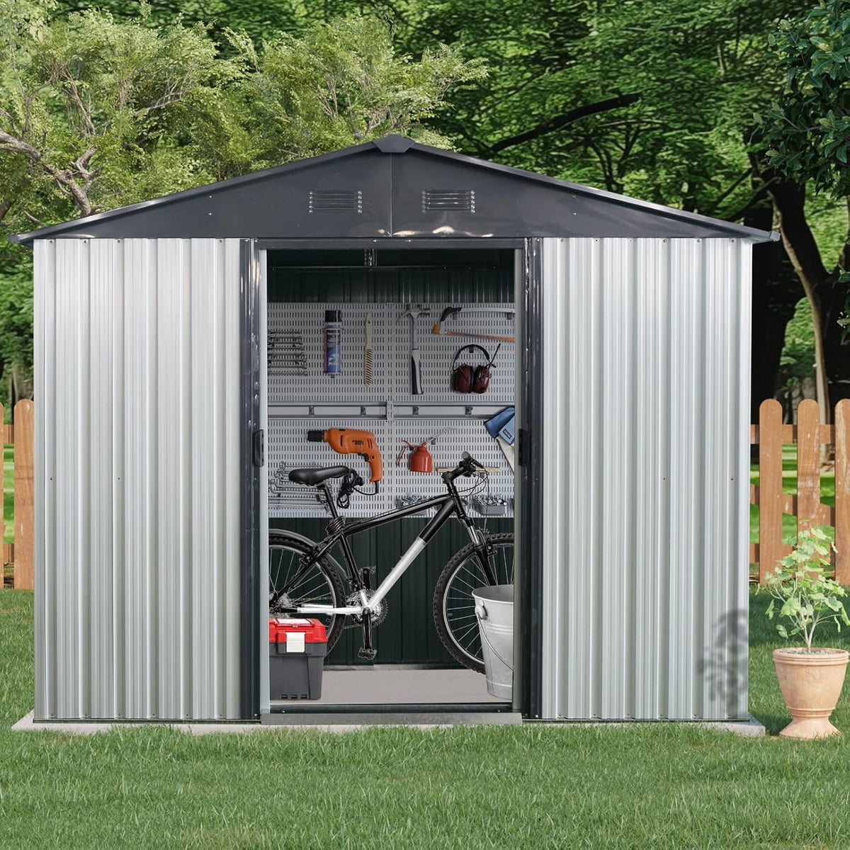 4x8 FT Outdoor Storage Shed, Metal Garden Shed with Frame Floor, Outside Tool Shed with Window, Waterproof Storage Building with Lockable Sliding Doors & Sloped Roof for Backyard, Patio, White+Black