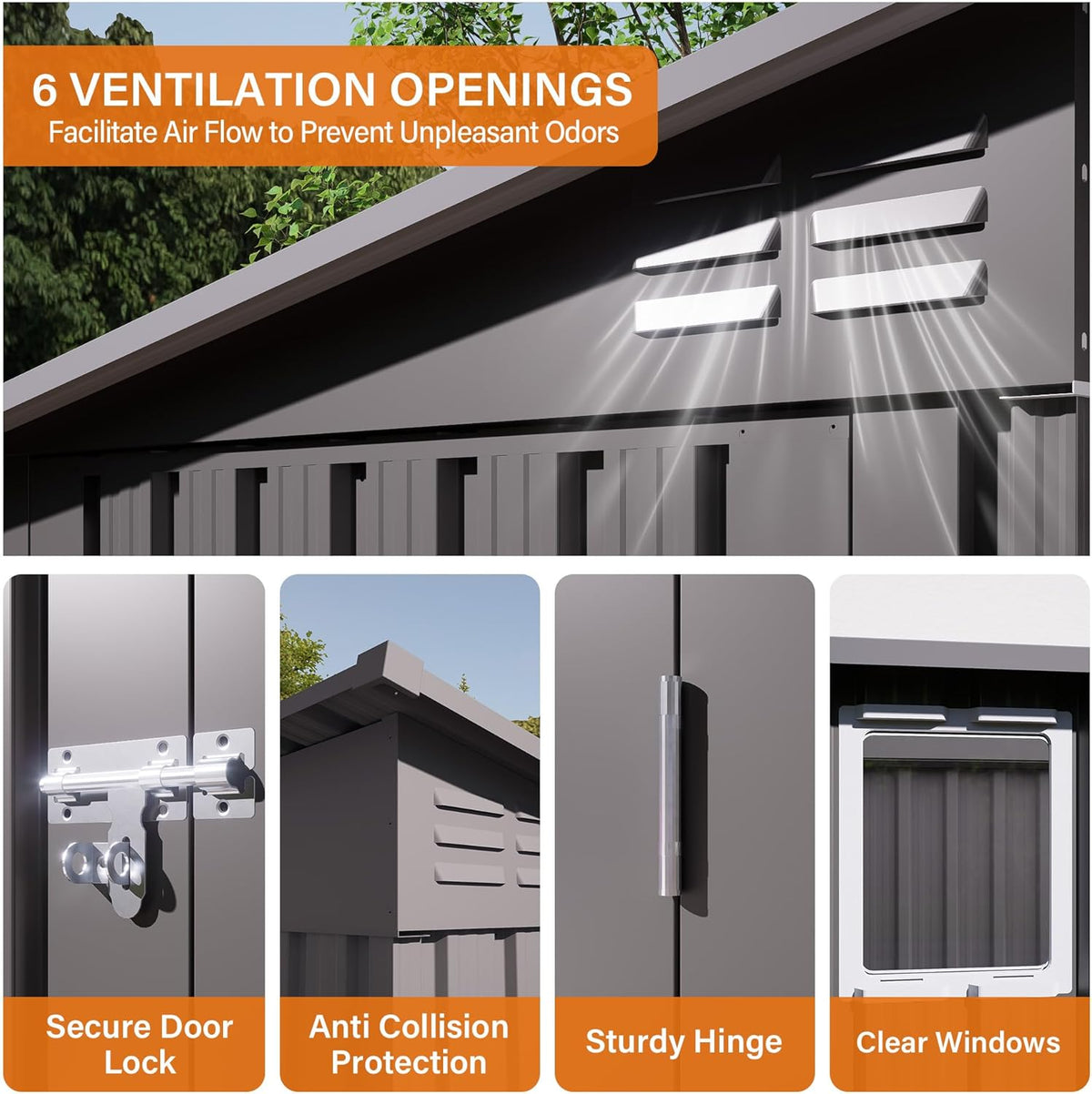 9x4 FT Lean to Shed with Window, Metal Sheds & Outdoor Storage with 6 Vents and 2 Swing Doors, Outdoor Storage Shed Waterproof for Backyard, Garden, Patio, Gray