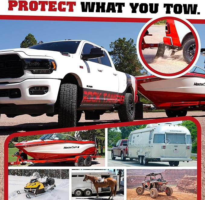 Rock Tamers 00110 - 2.5" Official Mudflap System - 2.5" Hitch Receiver - Hitch Mounted Mud Flaps to Protect What You Tow - Removeable and Adjustable-Black/Stainless Steel - 1 System