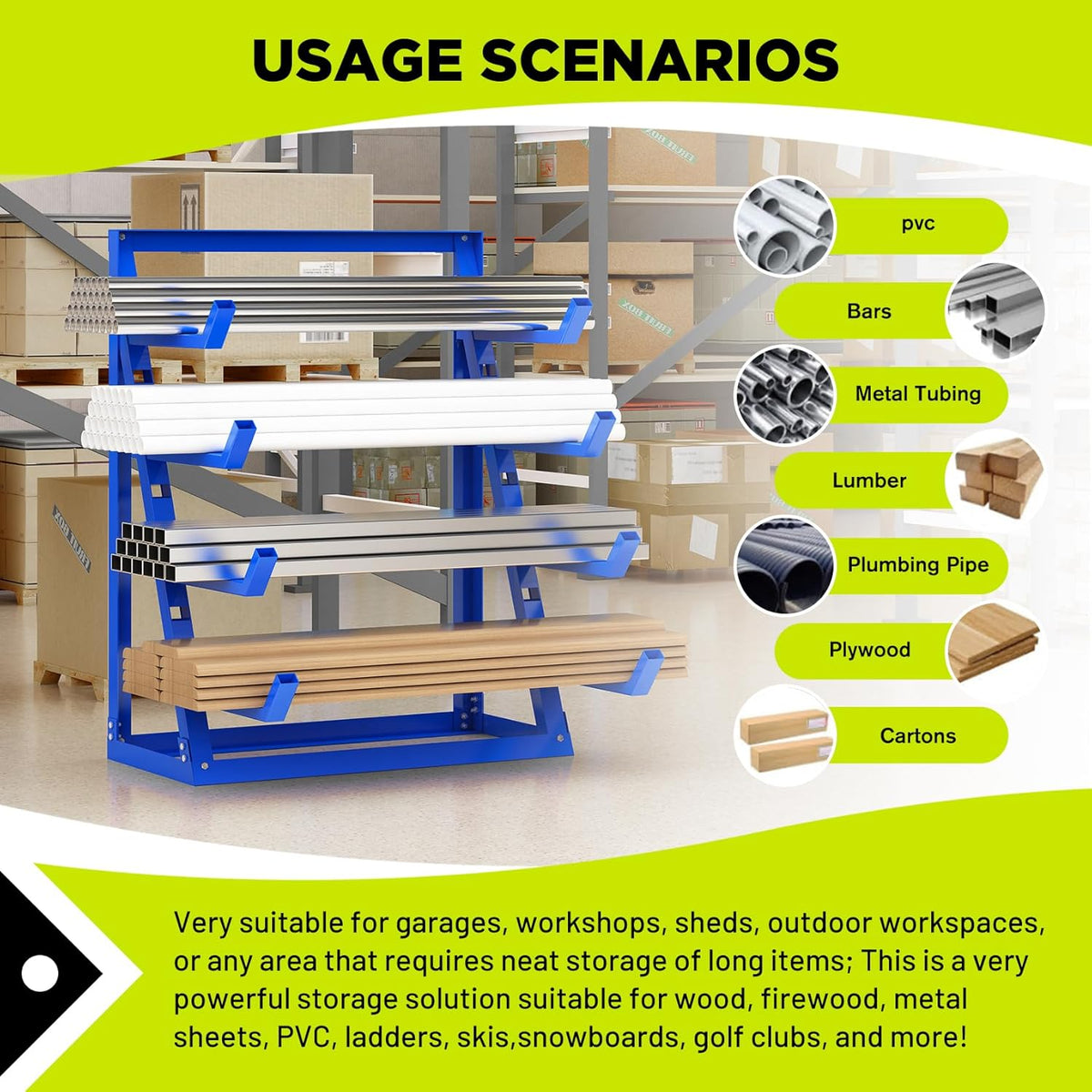 Heavy Duty Steel Horizontal Storage Rack with 4-Level Lumber Organizer Shelf Pipe Organizer Support Rack For Supermarket，Garage, Basement, Pantry, Workshop, 24''L x 60-7/8''H x 48-3/8''W