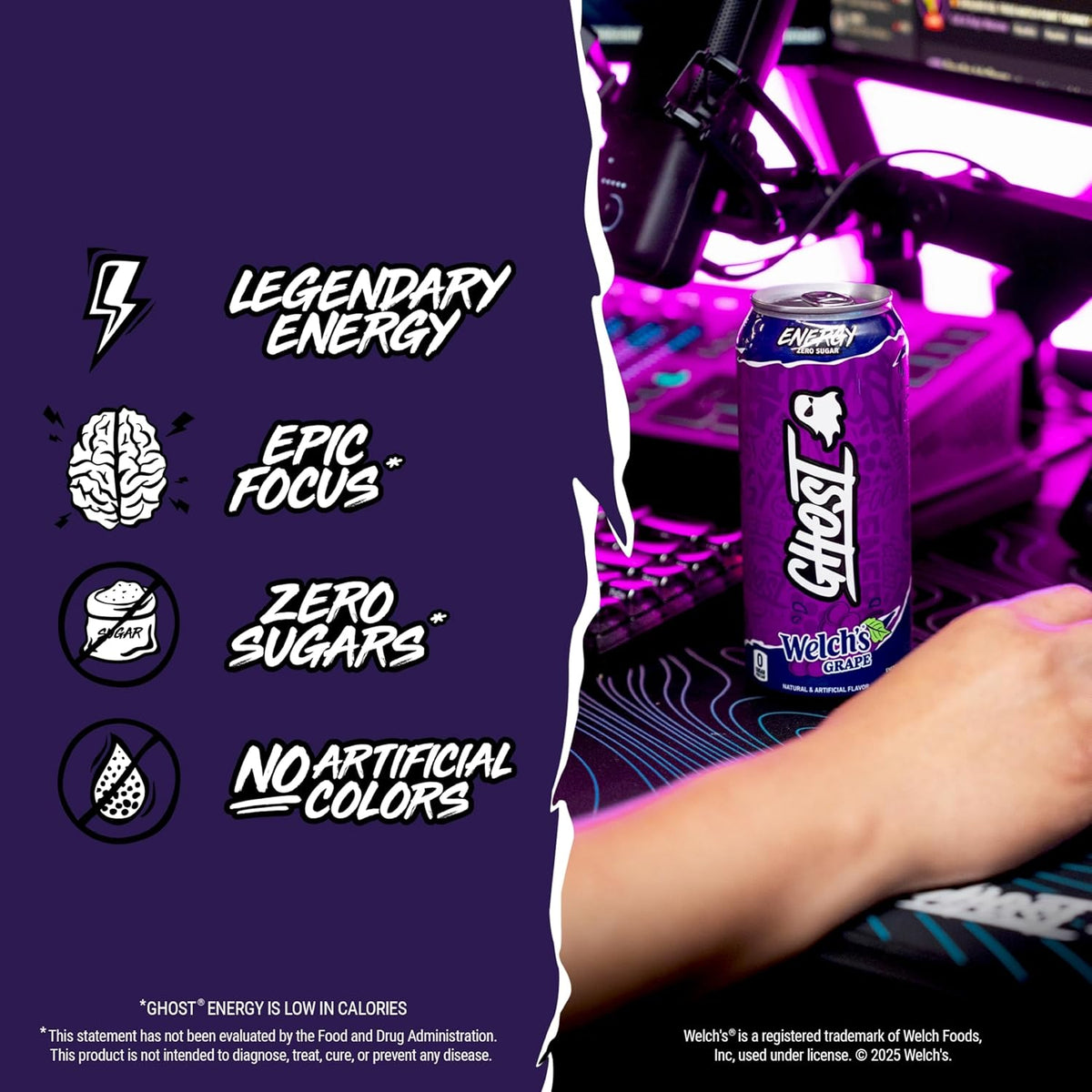 GHOST Energy Drink - 12-Pack, Welch's Grape, 16oz Cans - Energy & Focus & No Artificial Colors - 200mg of Natural Caffeine, L-Carnitine & Taurine - Gluten-Free & Vegan