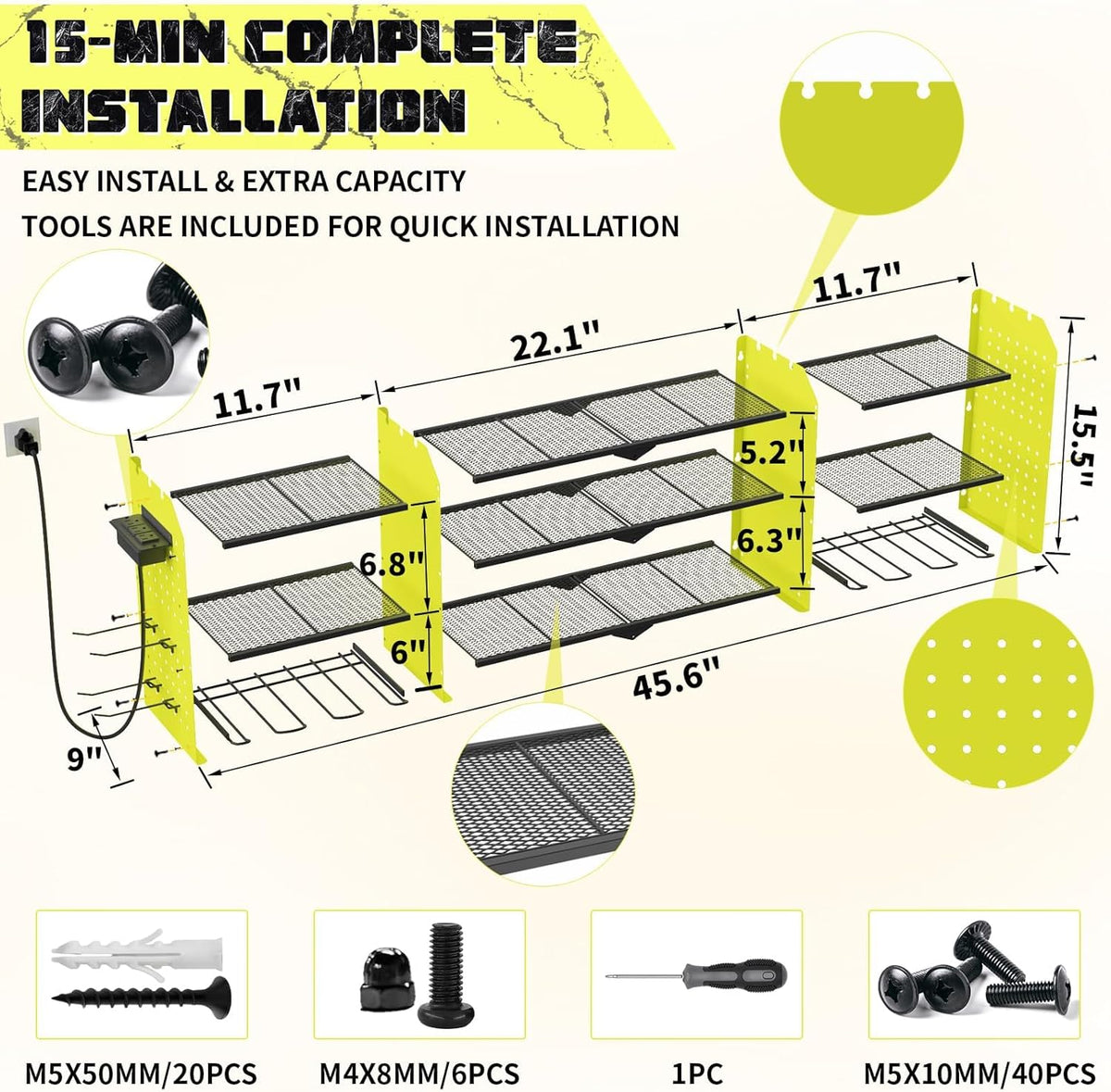45" Large Power Tool Organizer Wall Mount with Charging Station - 3 Layer Storage Racks with 8 Cordless Drill Holder, 4 Hooks, Heavy Duty Garage Tool Organizer Storage for Workshop Pegboard Basement