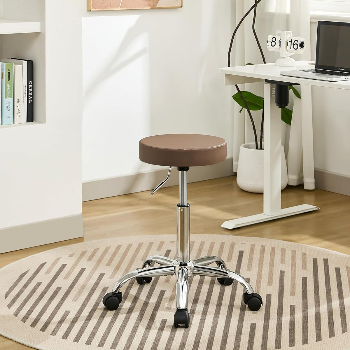 Adjustable Office Stool with Wheels 19.5’’-26.6’’, Brown Thick Cushion Backless Rolling Chair (Coffee Brown)