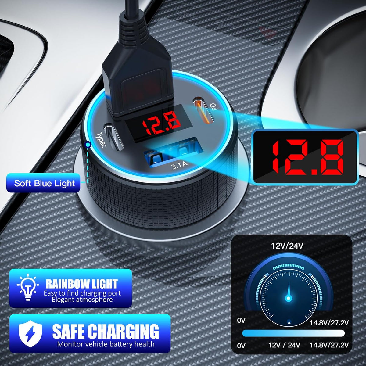 USB C Car Charger, 78W 4 Port Car Phone Charger Adapter Fast Charging, Dual USB C Car USB Adapter for iPhone 16 15 14 13 12, iPad, Samsung Glaxy, Android (Black 2Pcs)