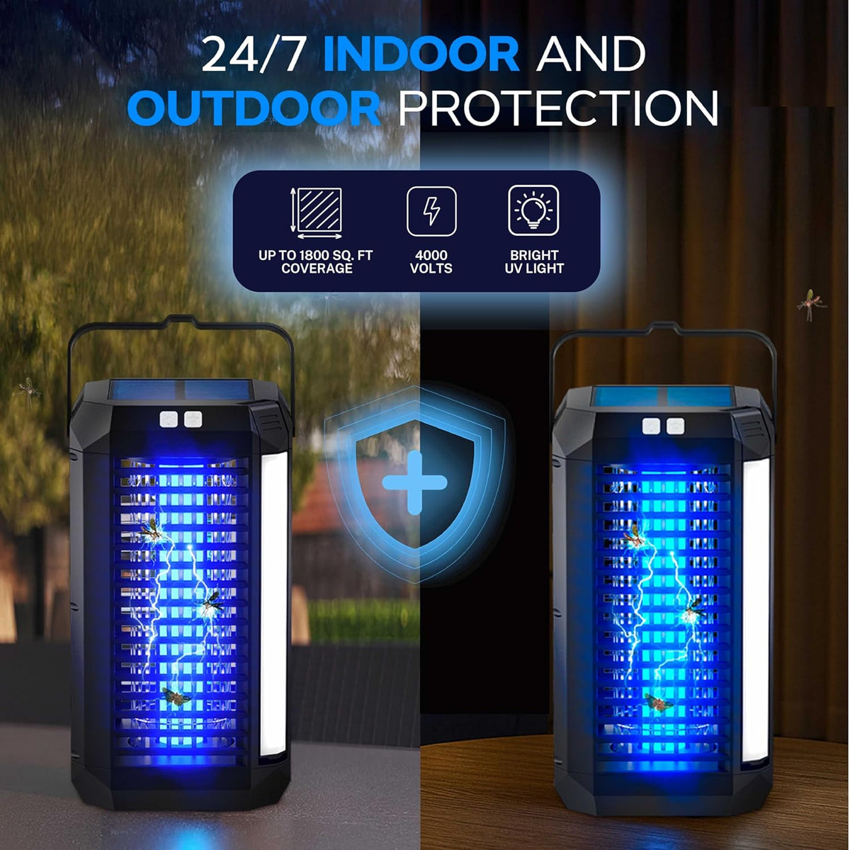 Rogue 2 in 1 Solar Bug Zapper Outdoor and Bug Zapper Indoor Plug in for Mosquito, Fly, Solar Powered & USB-C Rechargeable Camping Lantern, LED Flash Light, High Voltage, Trap Safe for Pets & Kids