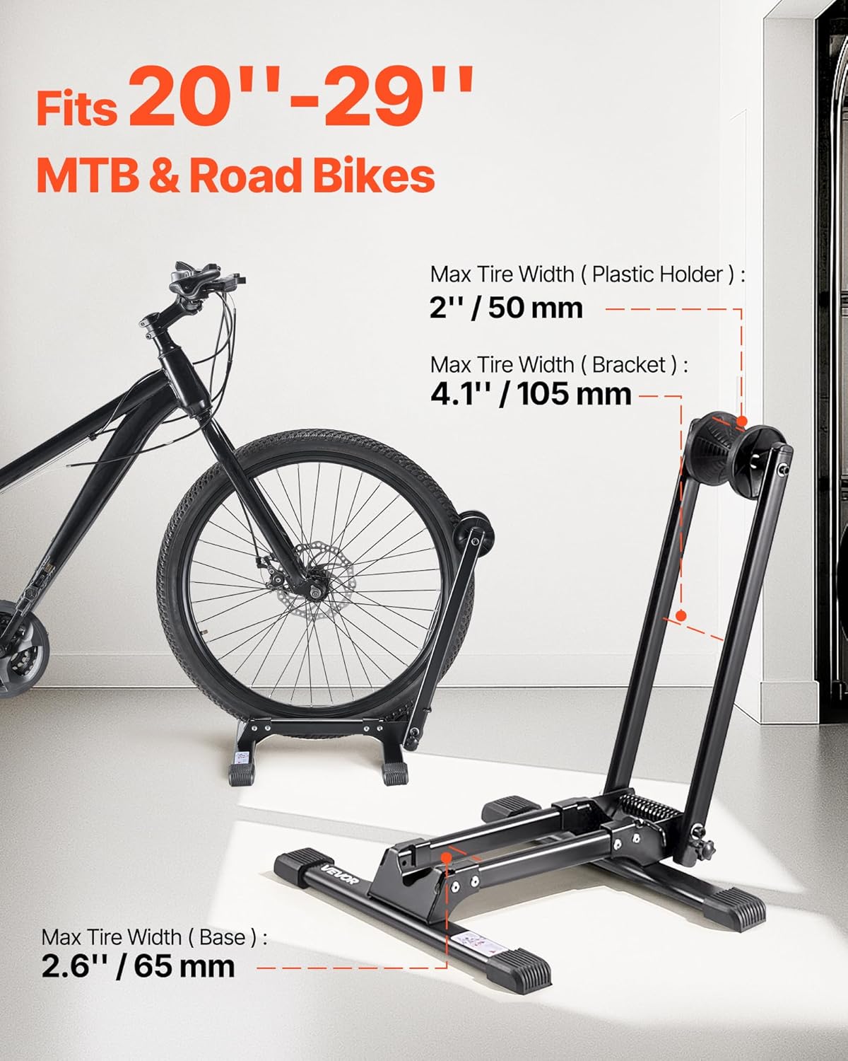 VEVOR Bike Racks 2 Pack, Fits 20 to 29 Inch Mountain & Road Bikes, Alloy Steel Rust-Resistant Bike Floor Stand Rack, Foldable Bicycle Stand for Entryway, Garage, Home Bikes Parking & Storage, Black
