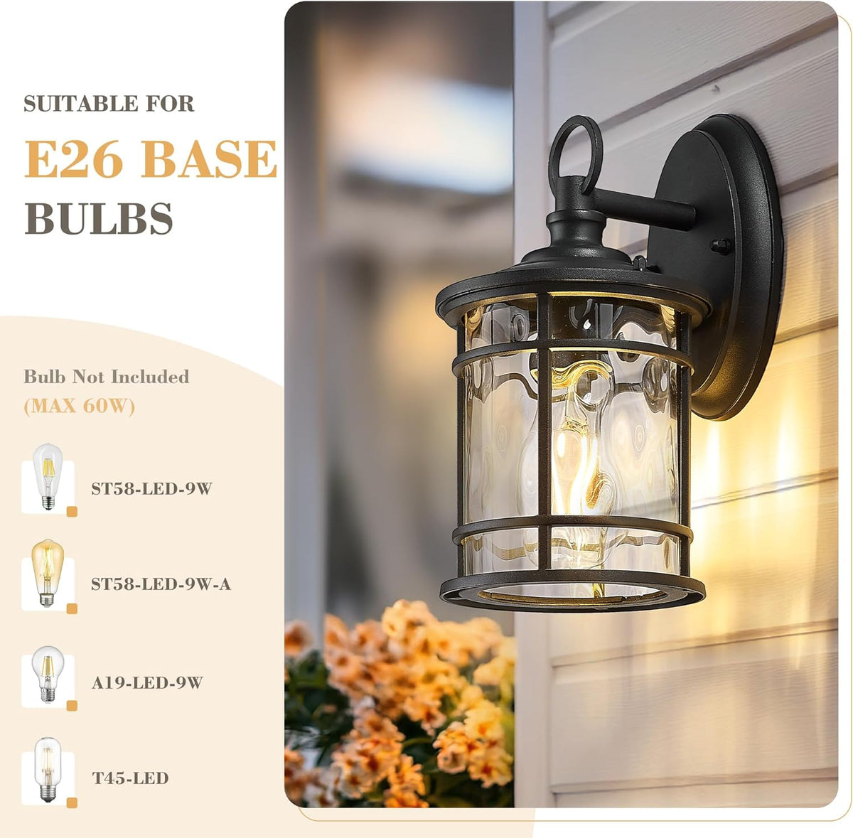 Emliviar 1-Light Outdoor Wall Mounted Lighting, Matte Black Outside Porch Light, 11.4" Aluminum Carriage Light with Water Ripple Glass, XE229BS BK-WG