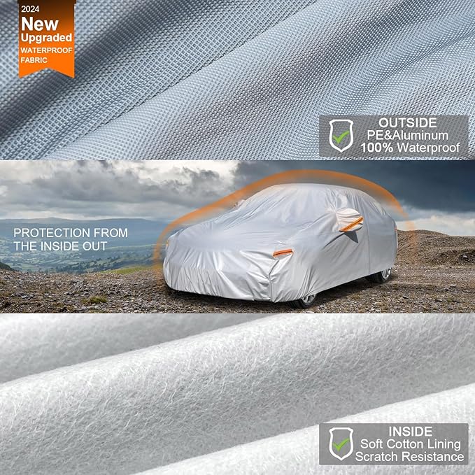 Kayme 6 Layers Car Cover Waterproof All Weather, Outdoor Car Cover UV Rain Sun Protection, Universal Fit for BMW E46 E36 E30, Dodge Neon, Mitsubishi Mirage, Nissan Versa (Up to 177 inch).