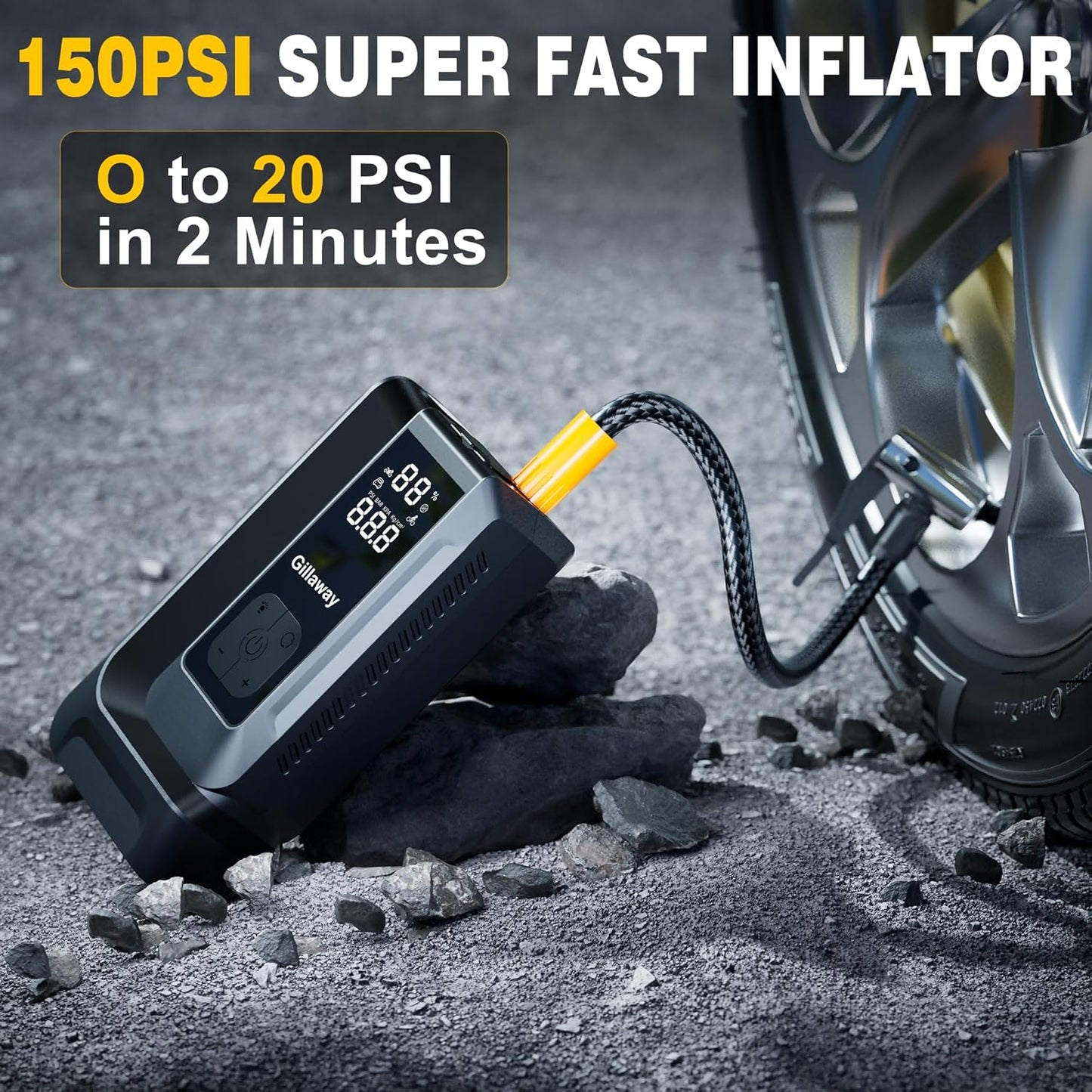 7-in-1 Jump Starter 6000A Car Jumper Starter Portable with 150PSI Portable Air Compressor, 12V Car Battery Charger, Tire Inflator, Flashlight, Power Bank